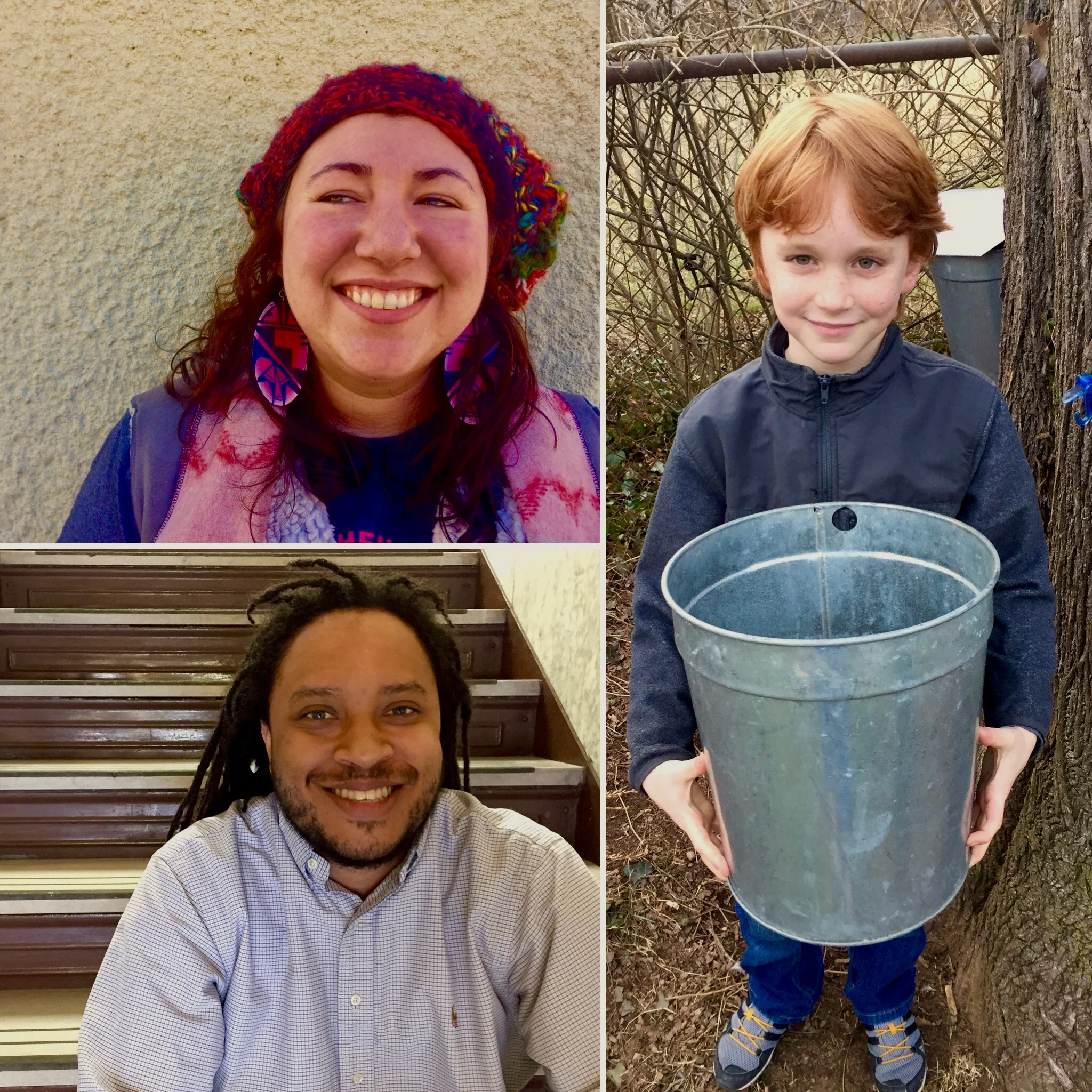 From top right: Rachel Sayet, Mohegan food educator, Sam Ridky collecting sap in his city yard, Marshall Cruz budding food entrepreneur.