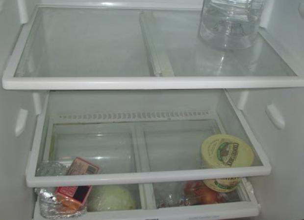  The Fridge When It's Empty  That’s the fridge when it’s empty. That’s at the ending of the month, when it was a little empty, but we didn’t have to go to a church to get food or anything like that. Like we weren’t at the point of starving.&nbsp; &nb