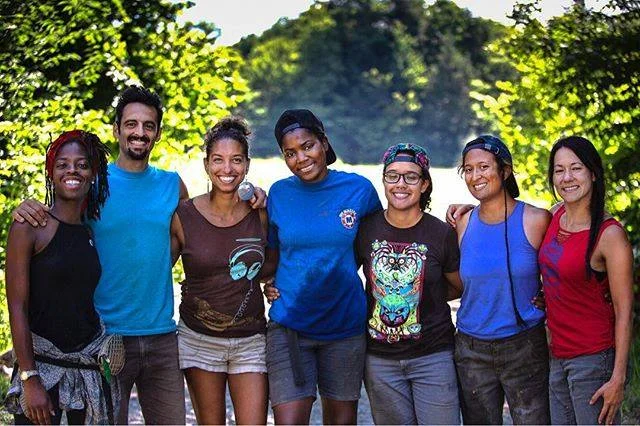 The 2018 Soul Fire Farm Crew. From left: Amani Olugbala, Jonah Vitale-Wolff, Leah Penniman, Olive Watkins, Lytisha Wyatt, Damaris Miller, and Larisa Jacobson.