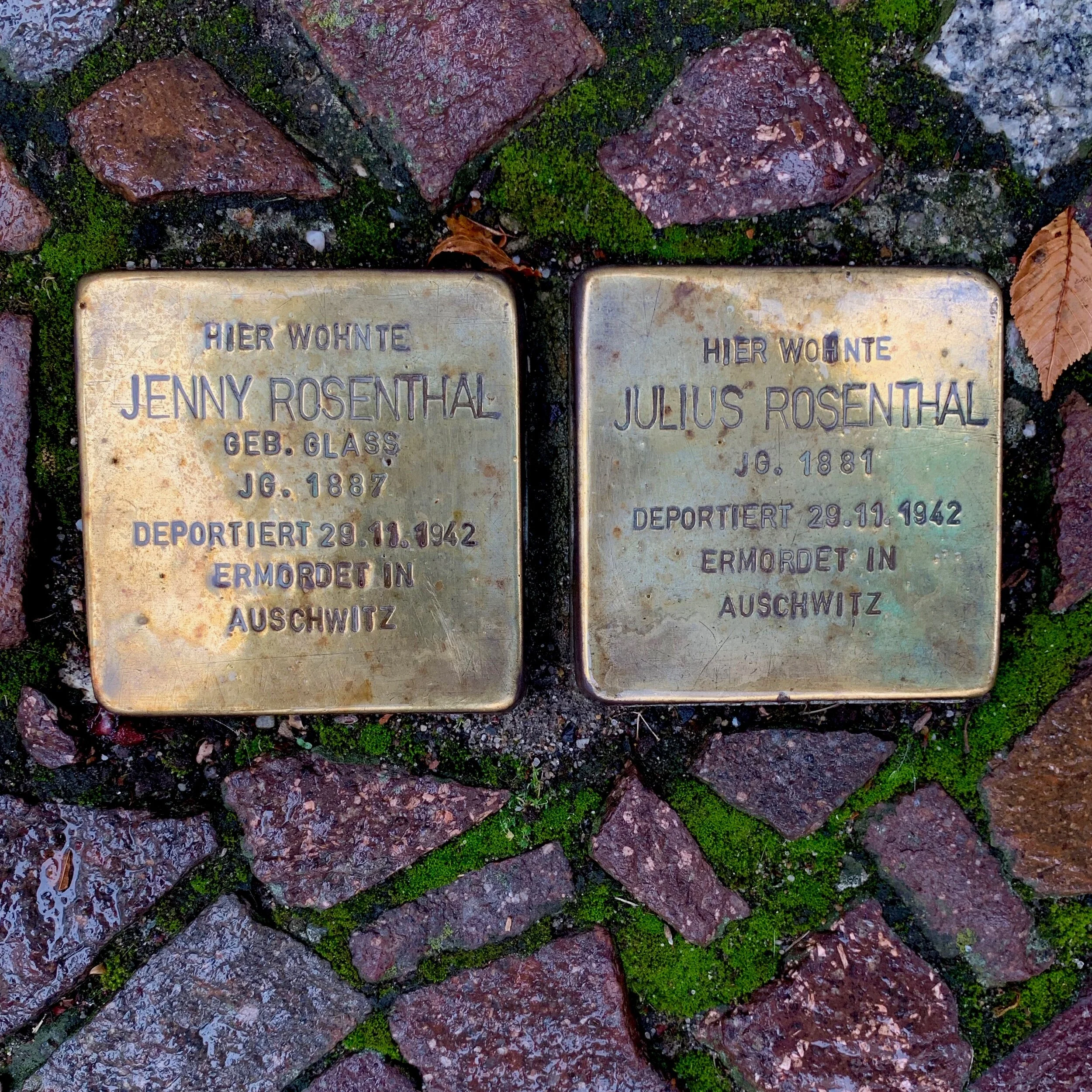 On the streets of Berlin. “Stumble Stones” mark the places some Jews lived or worked before they were killed by Nazi’s during World War II.