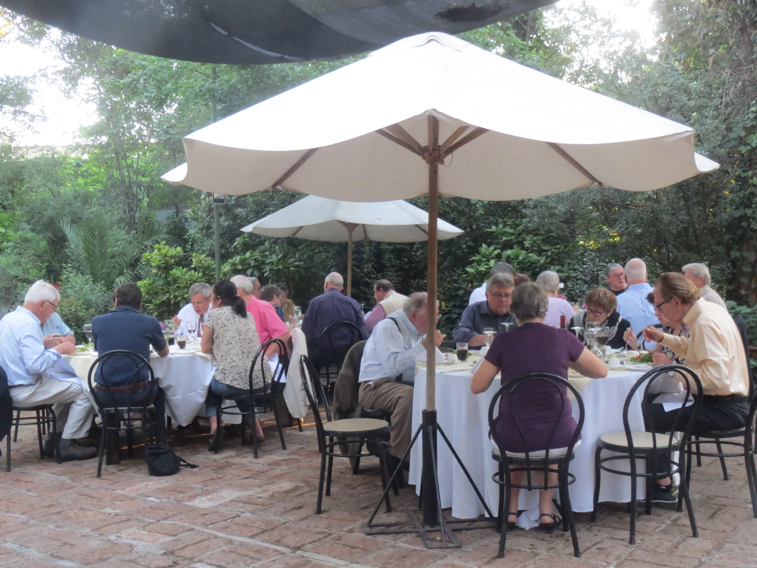 Chile Group 23 Reunion; asado front table, Steve Wilhelmi, Karl Holmes, Julie Harvey Ostendorf, Catherine Pettinari, Susan Keenan, Donald Cunningham