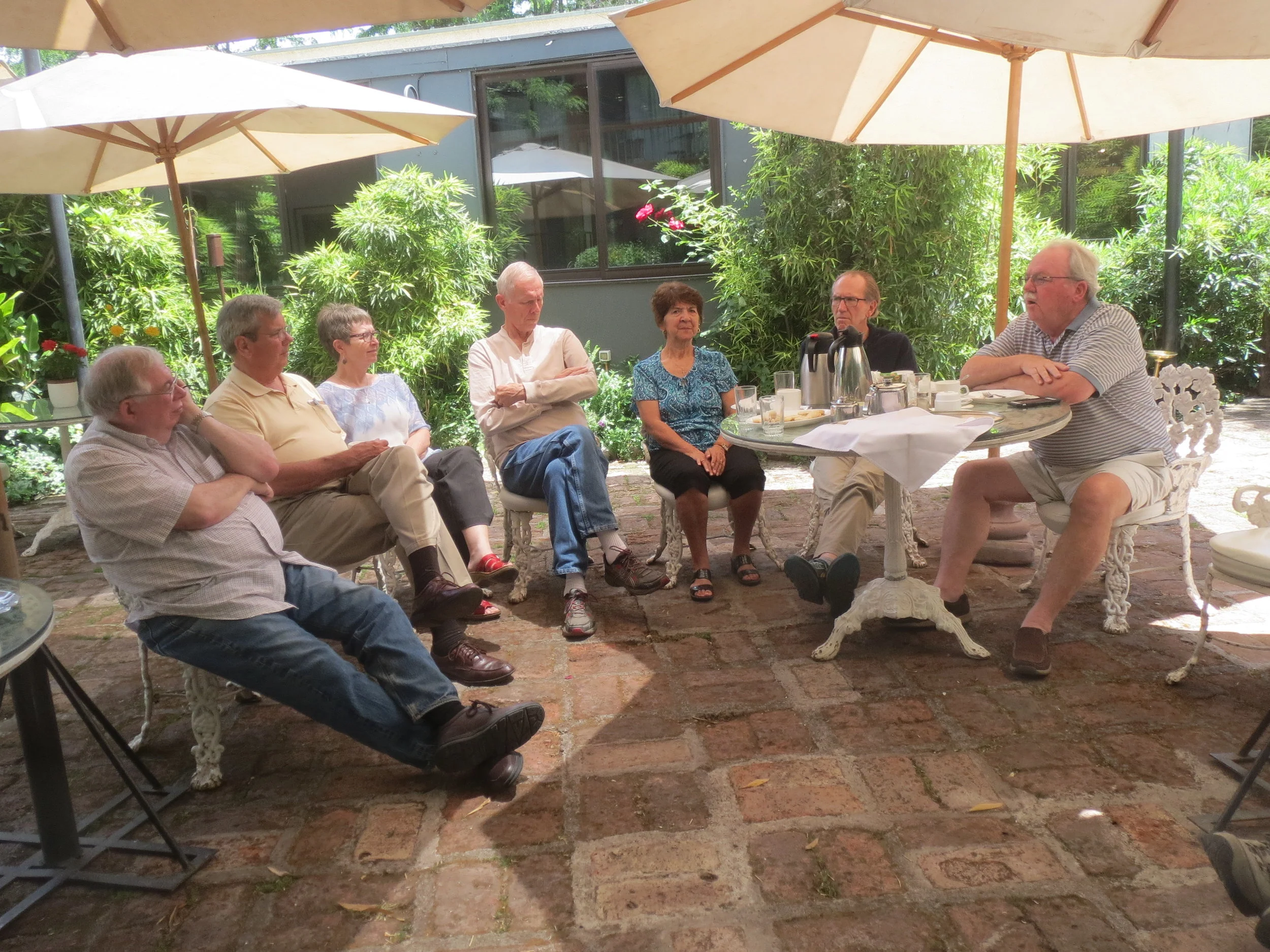 Peace Corps Chile Group 23 Reunion; brunch; Steve Wilhelmi, Roger King, Pat and Carl McCrary, Ema Overson, Donald Cunningham, Lanny Overson