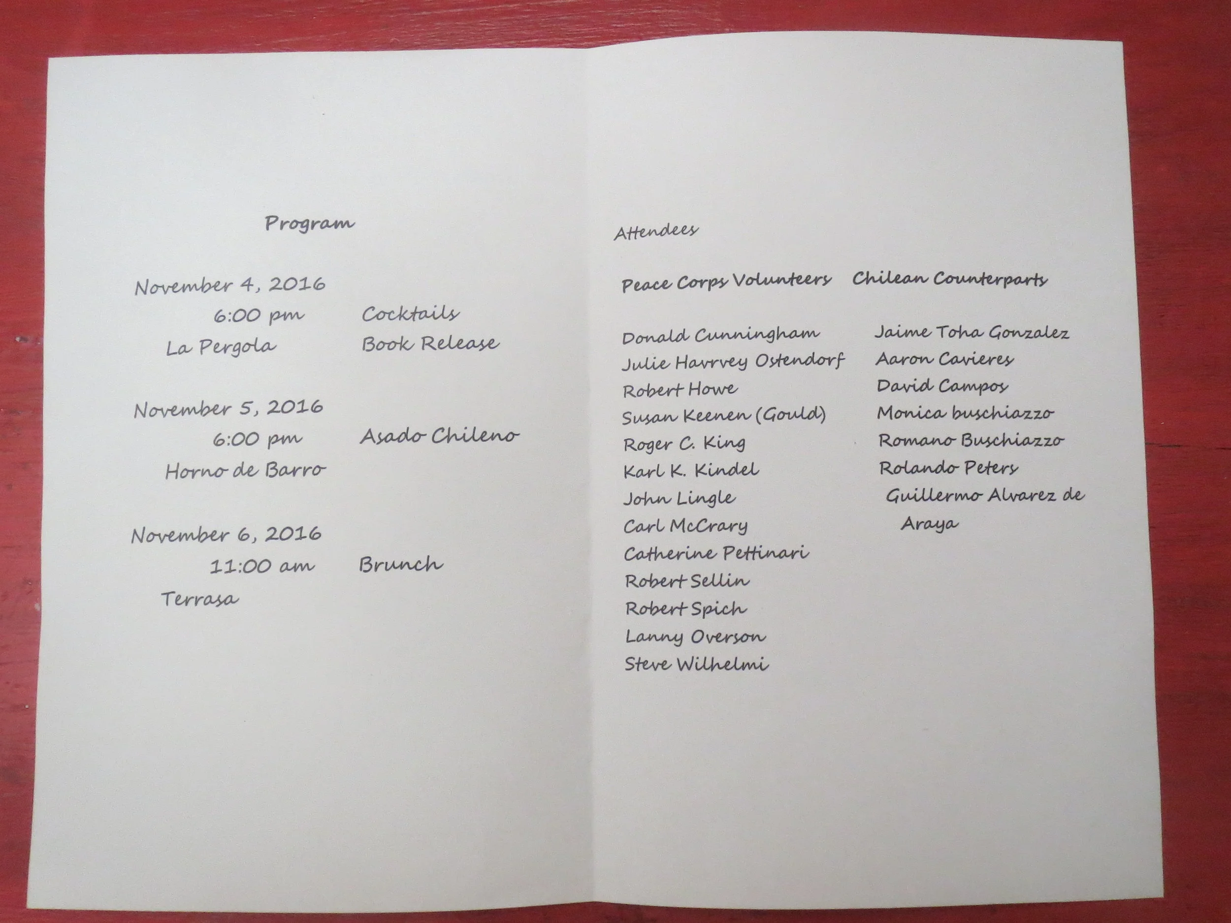 Chile - Santiago: Hotel Acacias de Viticura, Peace Corps Chile Group 23 Reunion; Program.