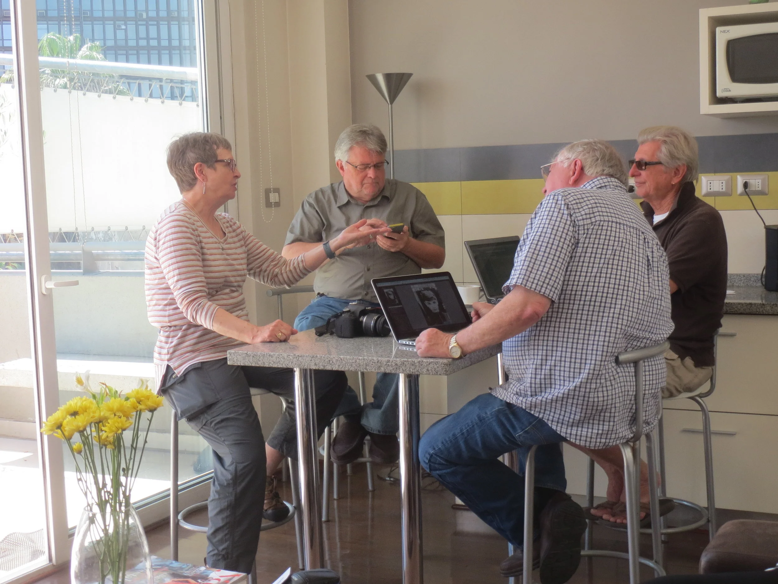 Chile - Santiago: Our apartment in Lastarria; Peace Corps Chile Group 23 Reunion; Post festivities working on the Group website, Pat Crary, Karl Holmes, Karl Kindel, Steve Wilhelmi