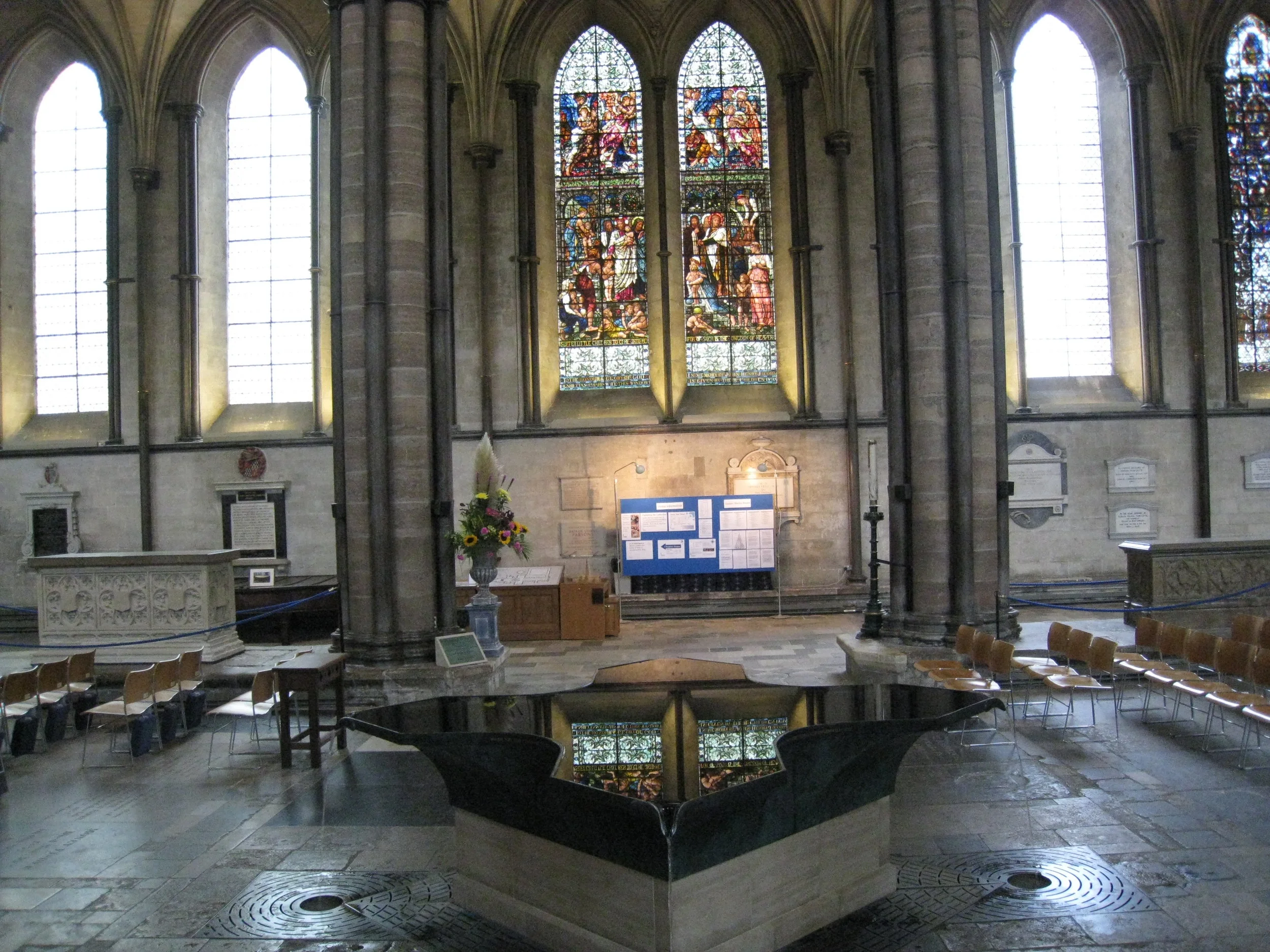  Salisbury--Inside the Cathedral--the baptismal font (and reflection) 