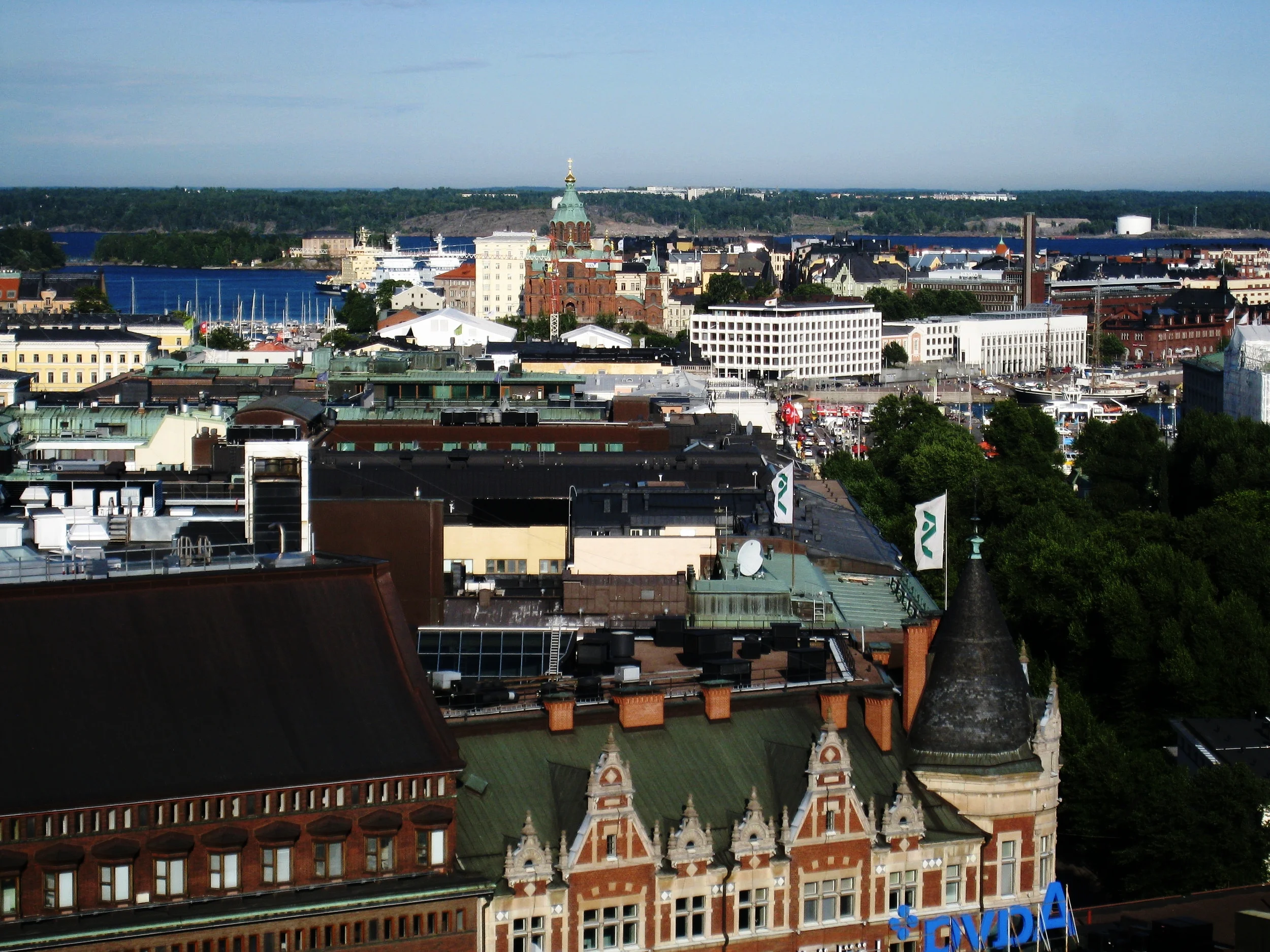  Helsinki--City View from Torni Hotel tower looking toward harbor, with Uspenski Cathedral 