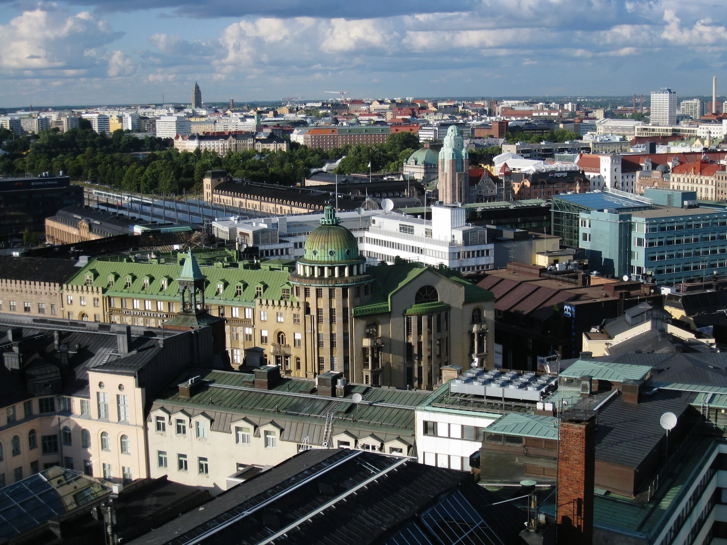  Helsinki--City View from Torni Hotel tower looking northeast with Railway Station and Kallio Cathedral 