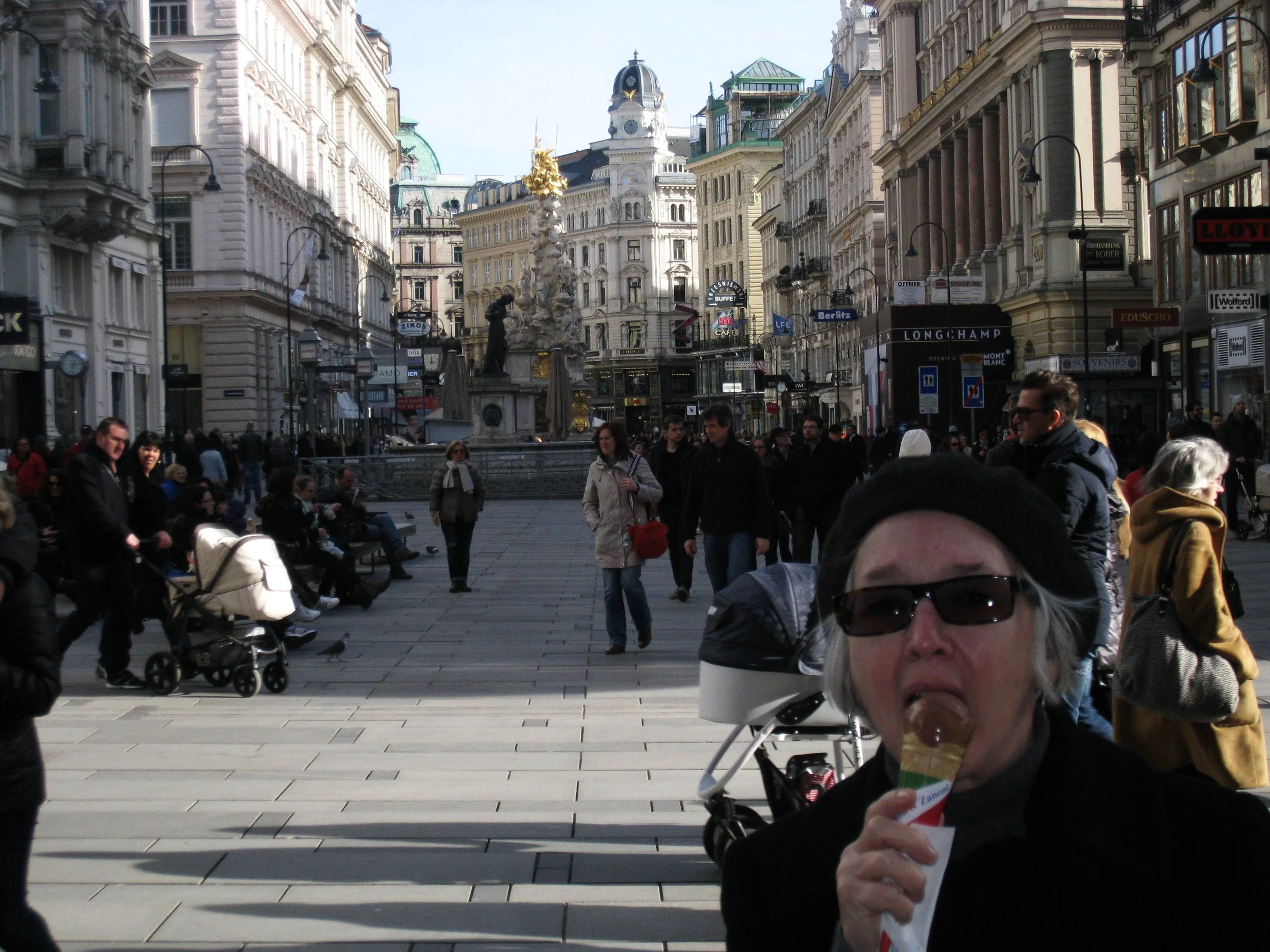  Vienna--Graben Strasse with the Plague Memorial in back--Carrol and the ice cream 