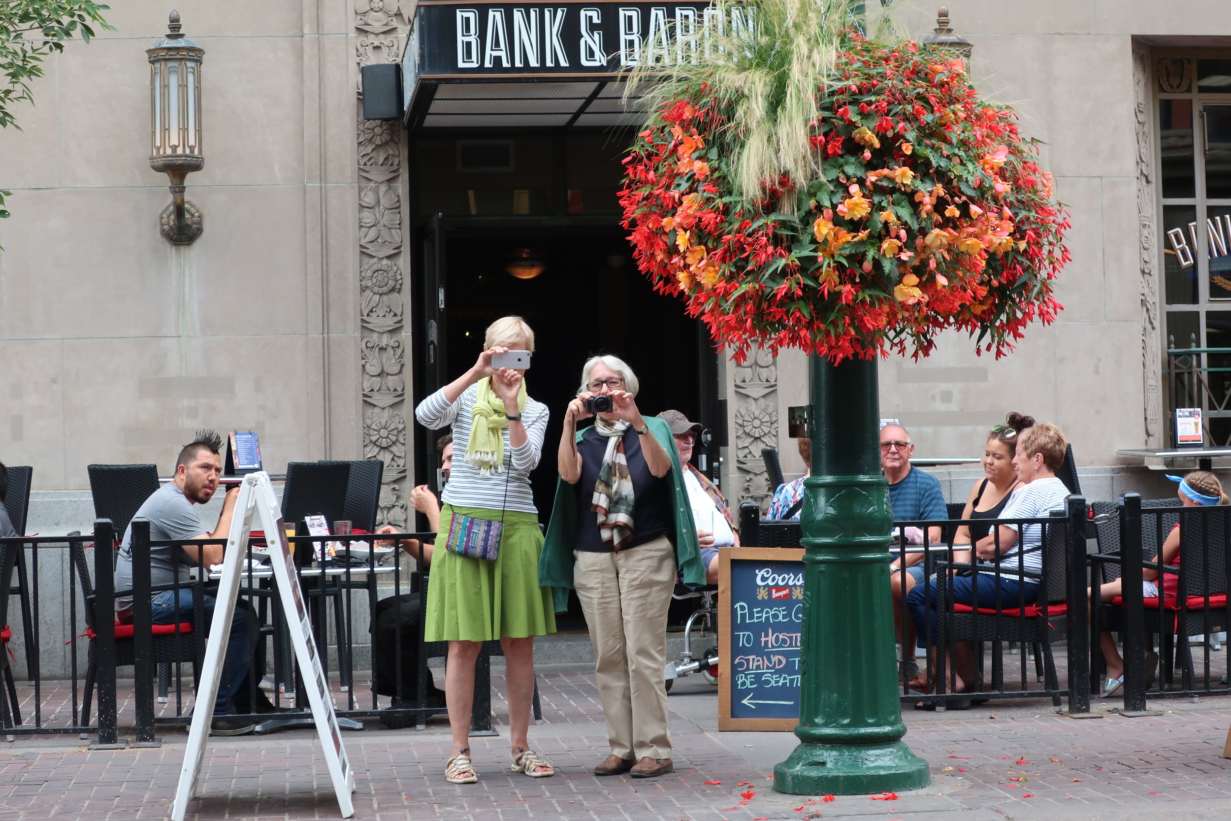  Calgary--Downtown--Main pedestrian street--Bank and Baron pub--Carrol Benner Kindel, Christin Grieser Kindel taking my picture 