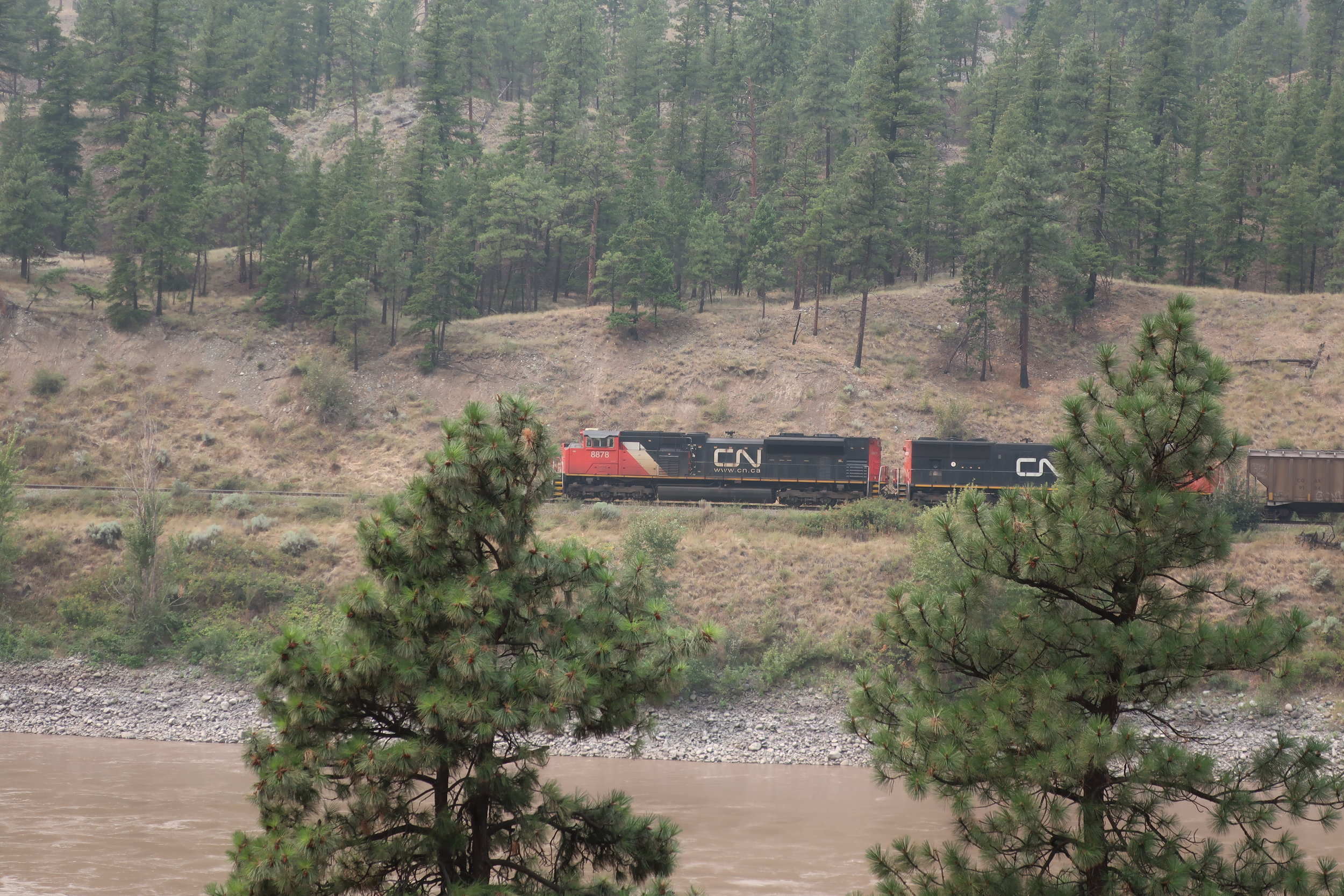  Llilooet--On the way to LLilooet--Near Lytton--The trains come through every 15 minutes on both sides of the river at about 50 MPH and all about 180 cars long. 