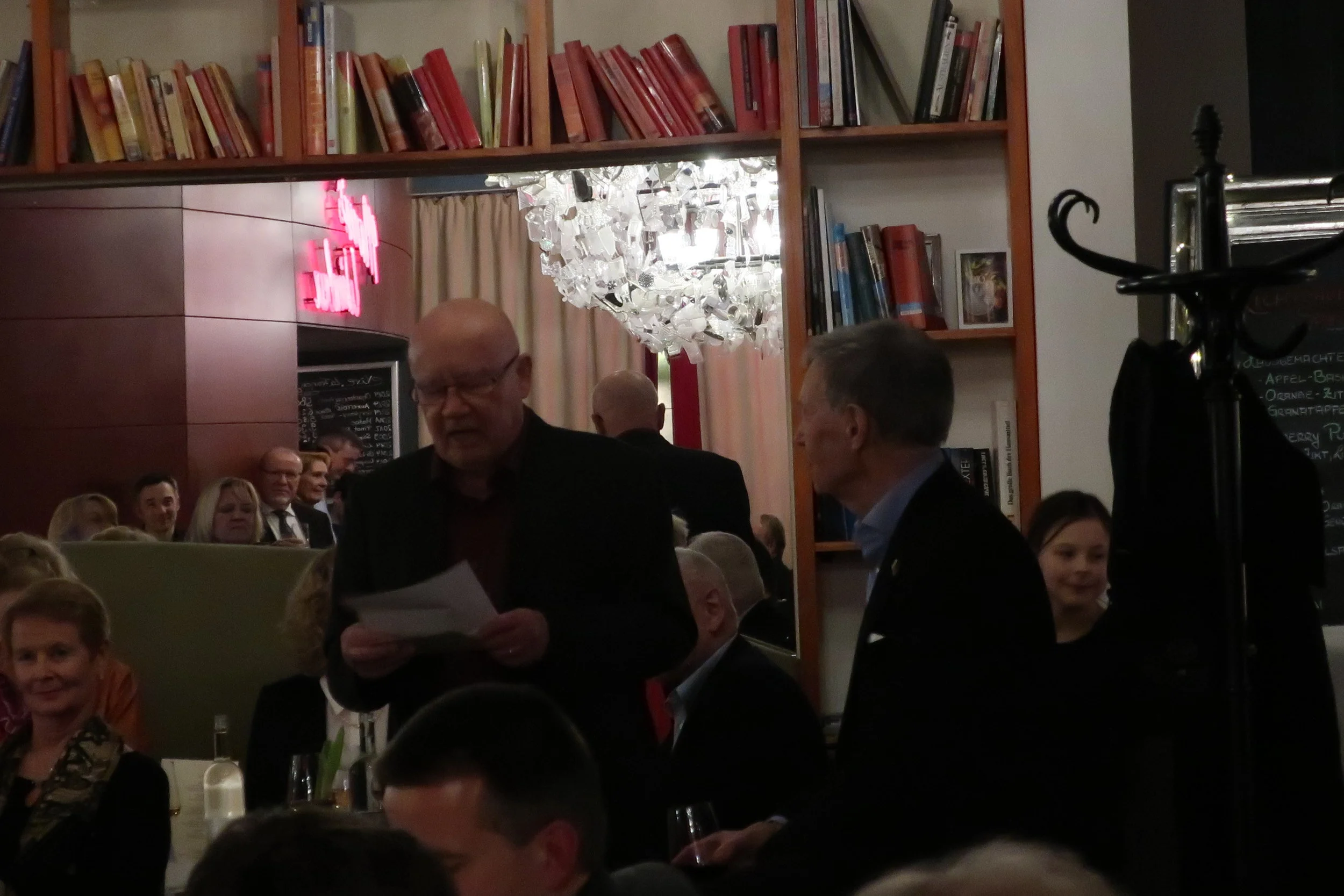  Cologne--Winter 2019--Harald Grieser's 80th birthday at Lithtenberg Cafe. Josef Hummes giving speech to Harald Grieser 