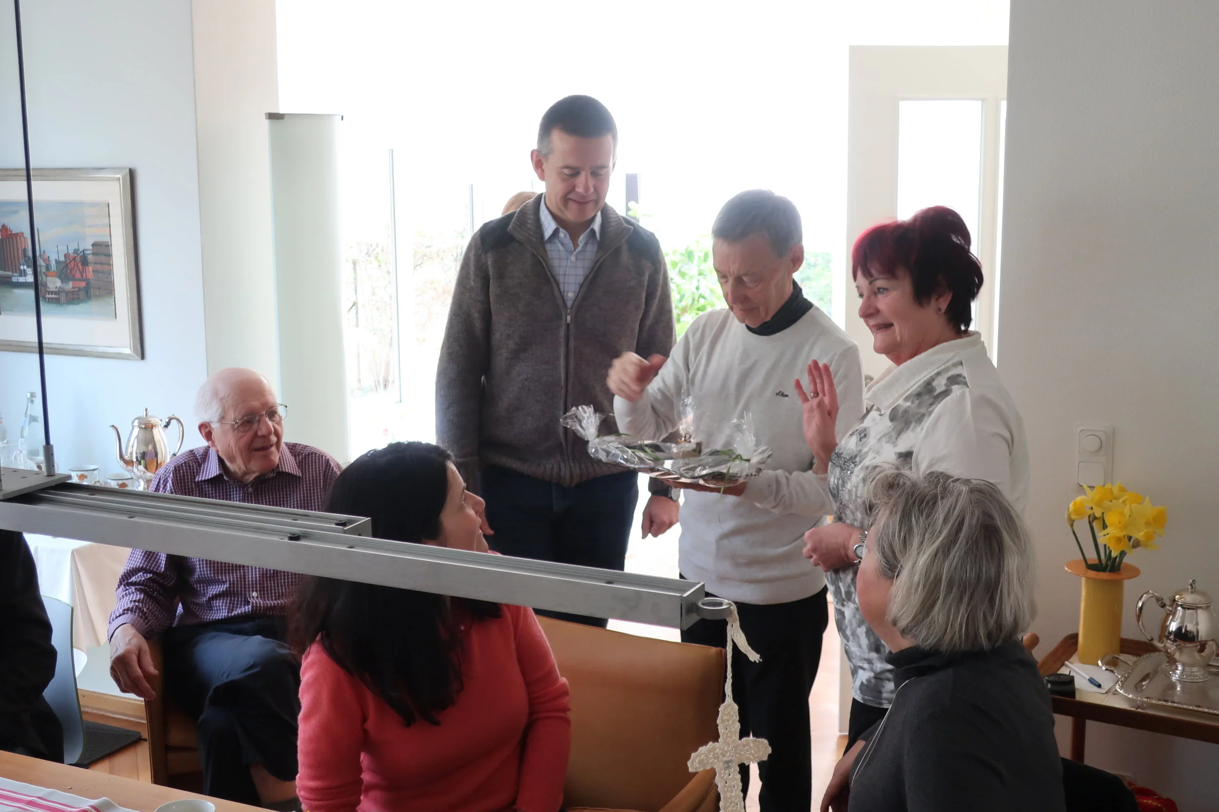  Cologne--Winter 2019--Harald Grieser's 80th birthday--Brunch at Grieser's--Paul Kindel, Klause and Barbara Kindel, Harald Grieser, Birgit Gruenert and Heike Loesche 