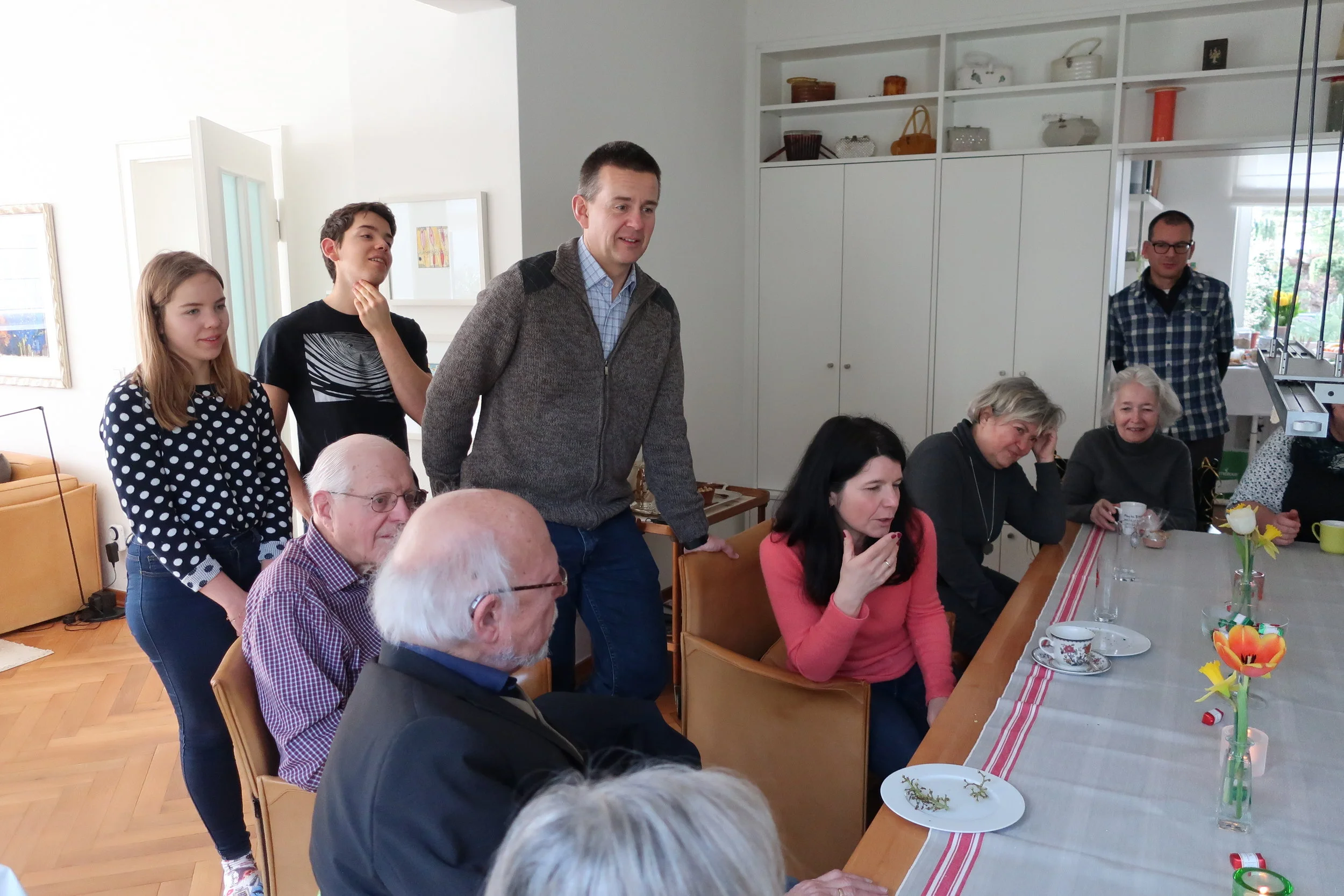  Cologne--Winter 2019--Harald Grieser's 80th birthday--Brunch at Grieser's--Hannes Loesche, Paul Kindel, Miriam, Julian, Klaus and Barbara Kindel, Heike Loesche, Carrol Benner Kindel and Eric Kindel 
