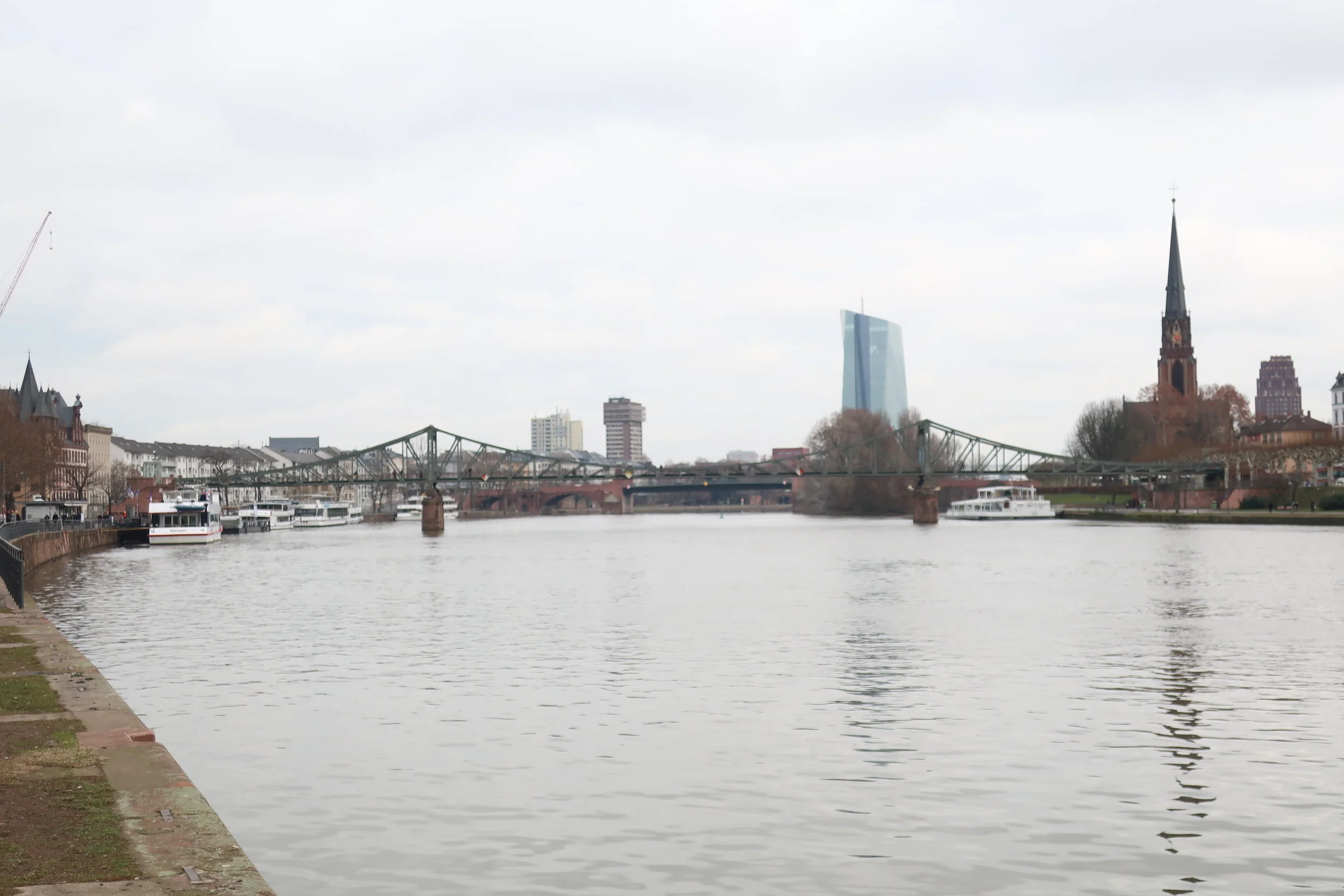 Frankfurt--Winter 2019-- Along the Main River--Eisner Steg (bridge) for pedestrians built 1868 (ECB in back) 