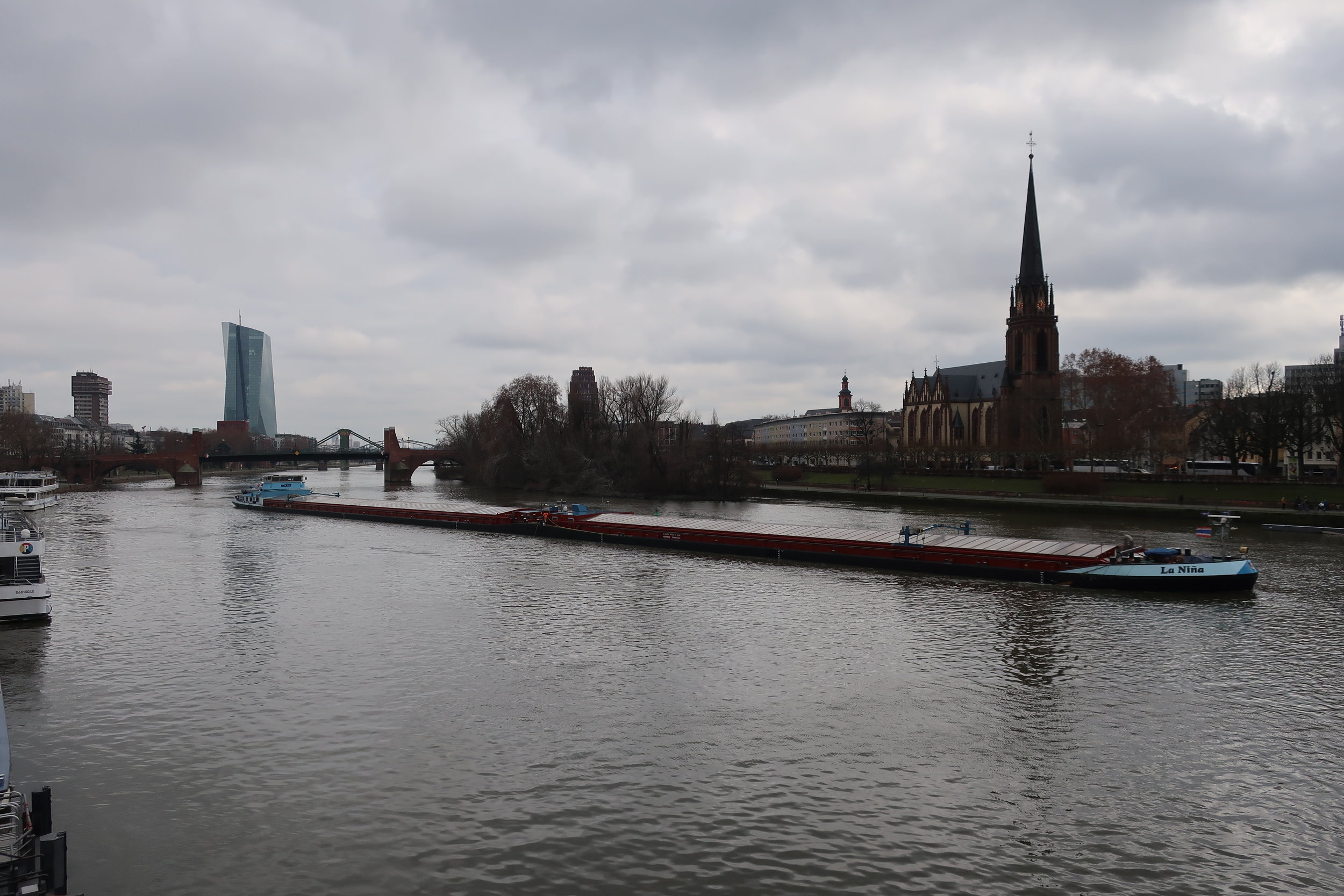  Frankfurt--Winter 2019-- Along the Main River--Huge barge on the Main from the Eisner Steg (bridge) for pedestrians built 1868 