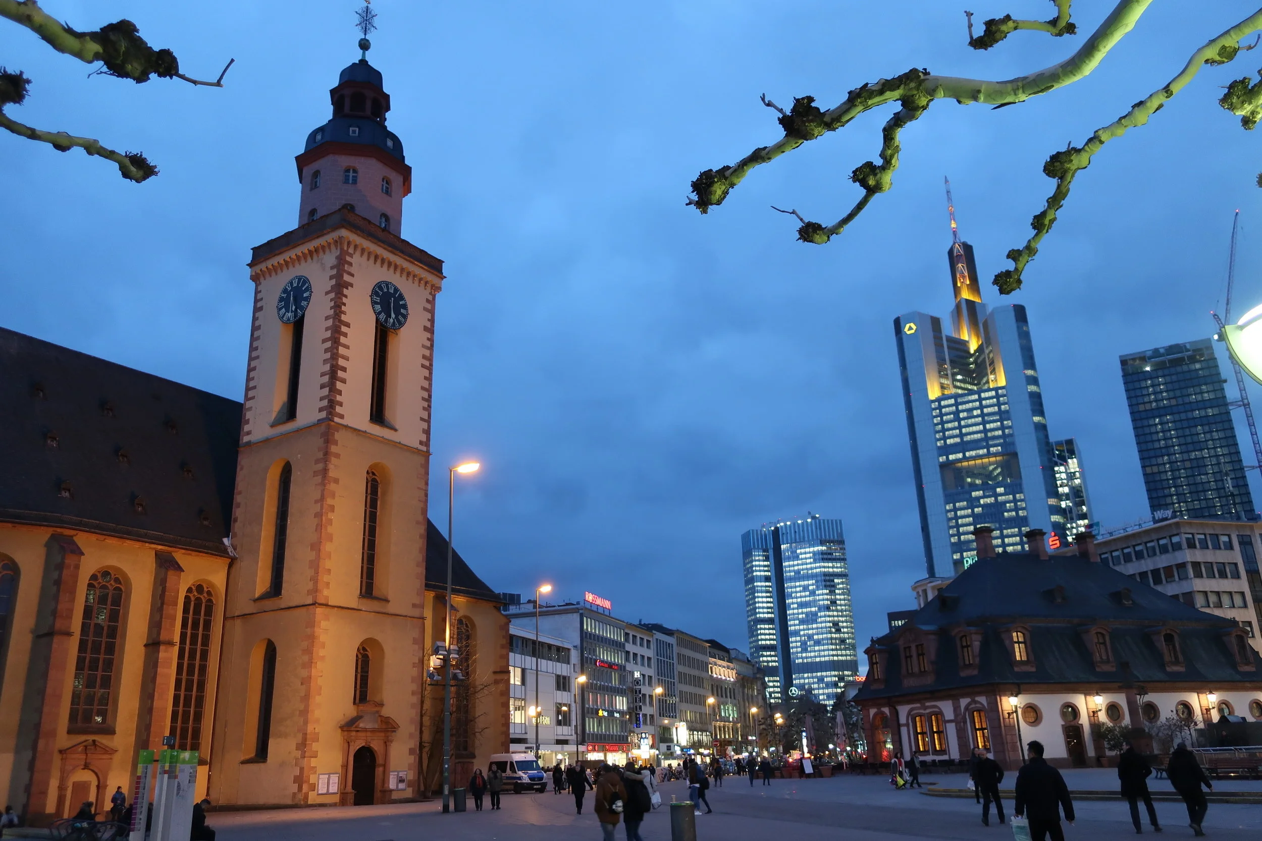  Frankfurt--Winter 2019--Innen Stadt, Hauptwache Plaza and pedestrian street--Main shopping area and Goethe's birthplace, with St. Catherine's church 