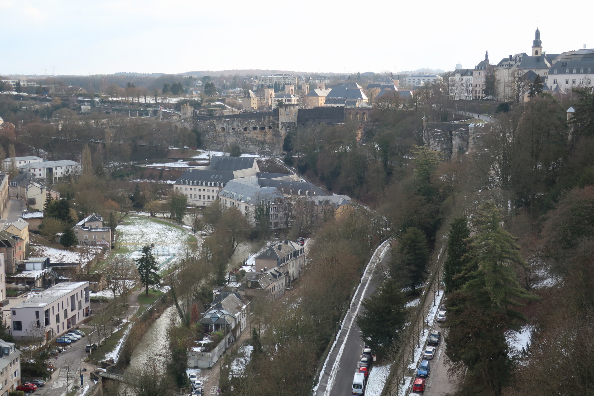  Luxembourg--Winter 2019--Pfaffenthal, and in back, the Bock leading to the city 