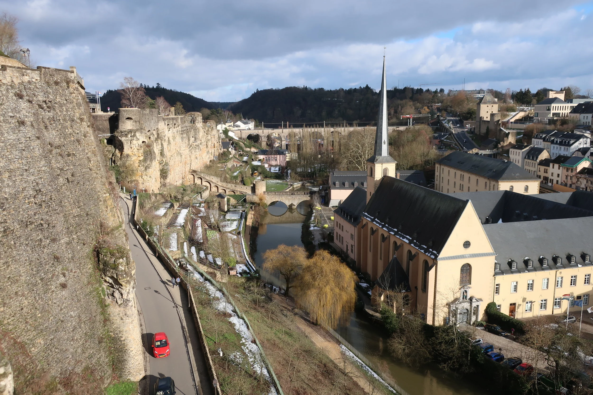  Luxembourg--Winter 2019--The Grund with the Bock on the left and the Stierchen Bridge over the Alzette River 