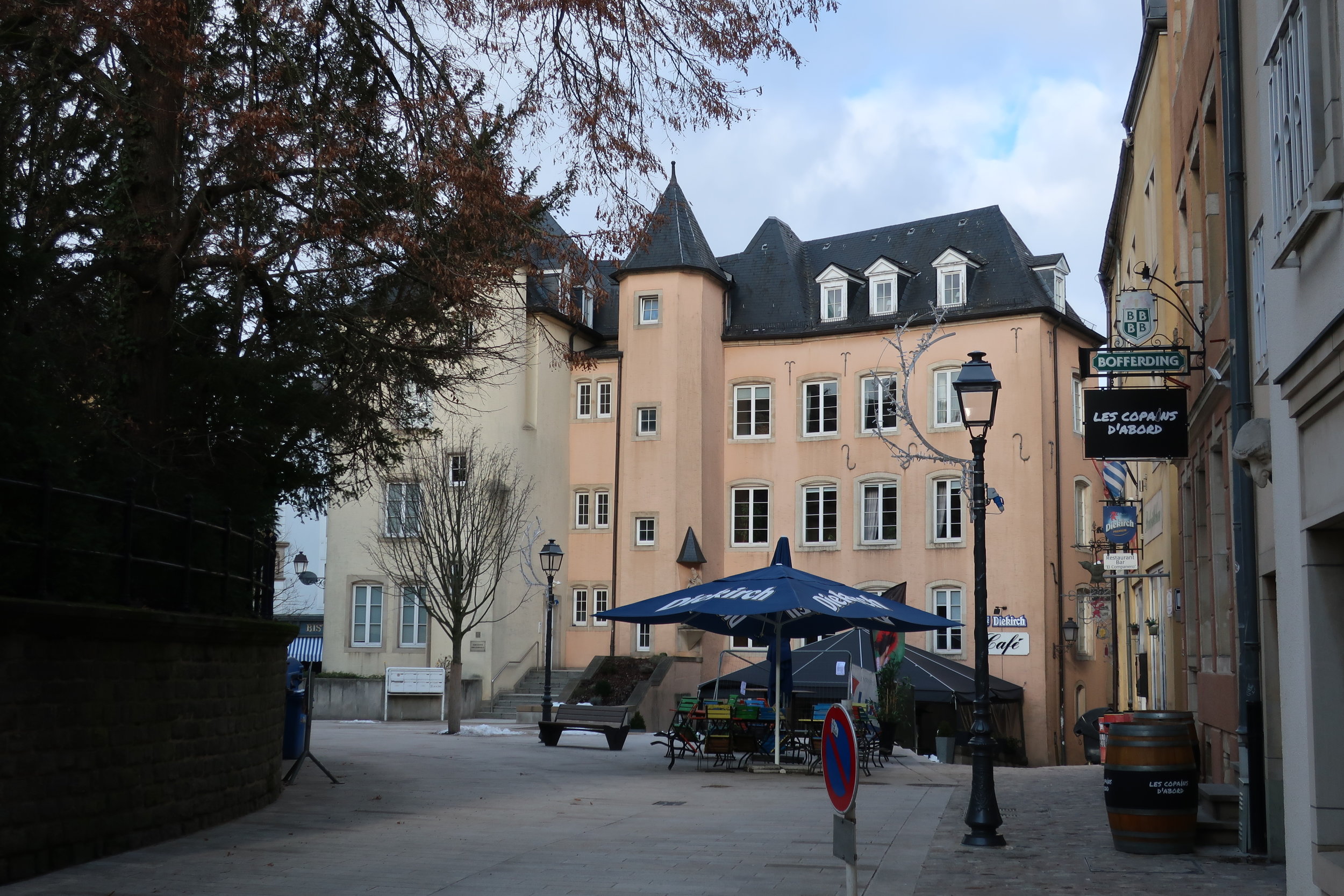  Luxembourg--Winter 2019--The Plaza in front of the Natioal Museum of Art and History (with the sign from one of our favorite restaurants--Les Copains d' Abord 