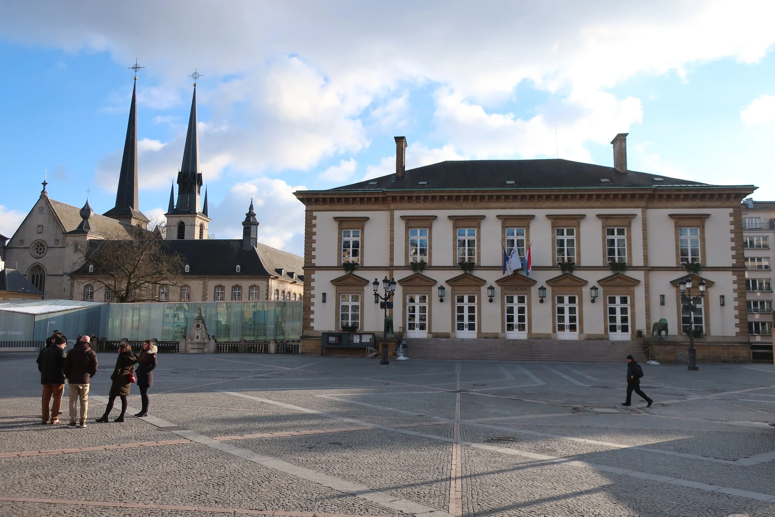  Luxembourg--Winter 2019--The Plaza Guilliame II with the city hall on the right and Notre Dame in back 