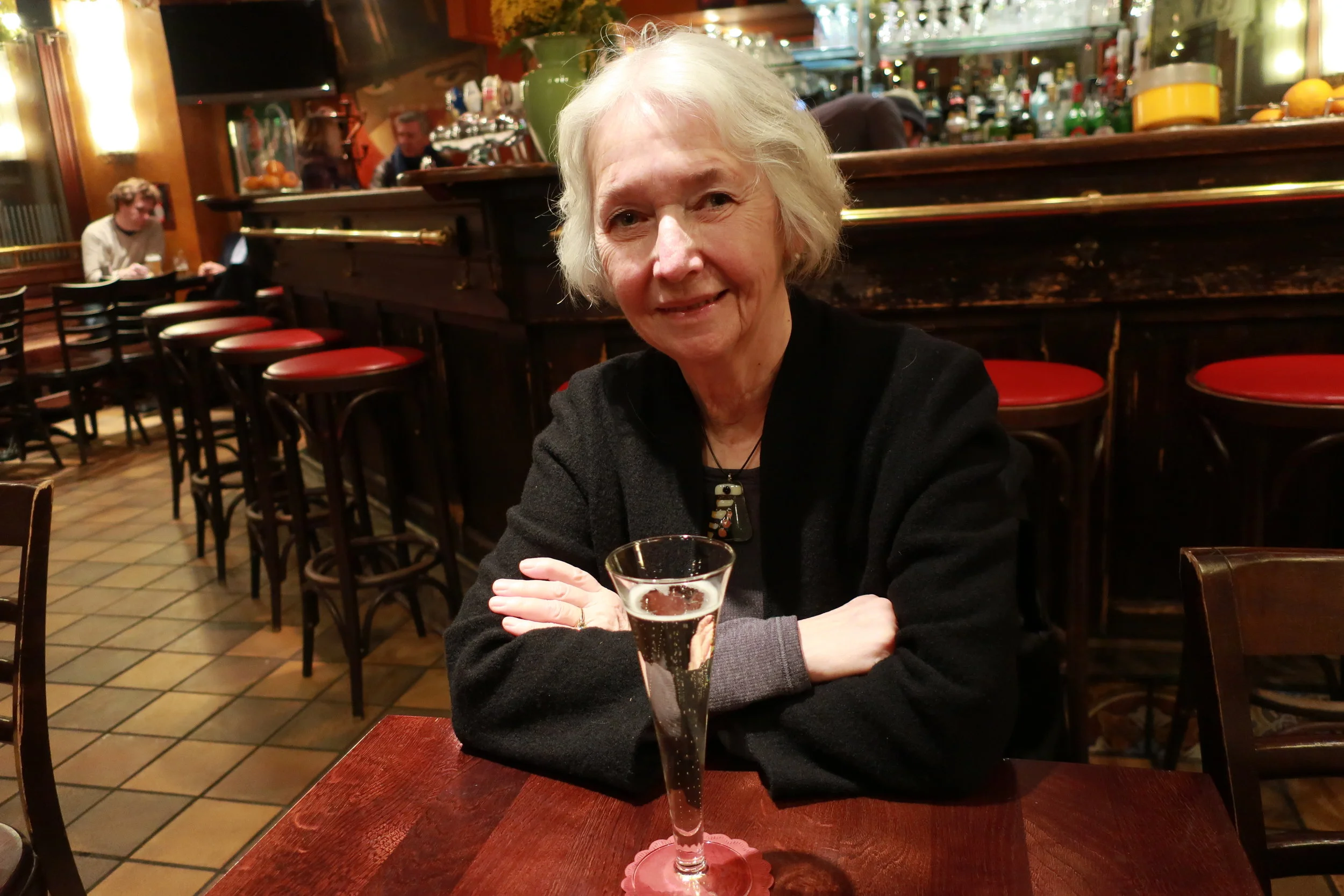  Luxembourg--Winter 2019--Carrol Benner Kindel with a cremant nightcap at a bistrot on Rue Beaumont 