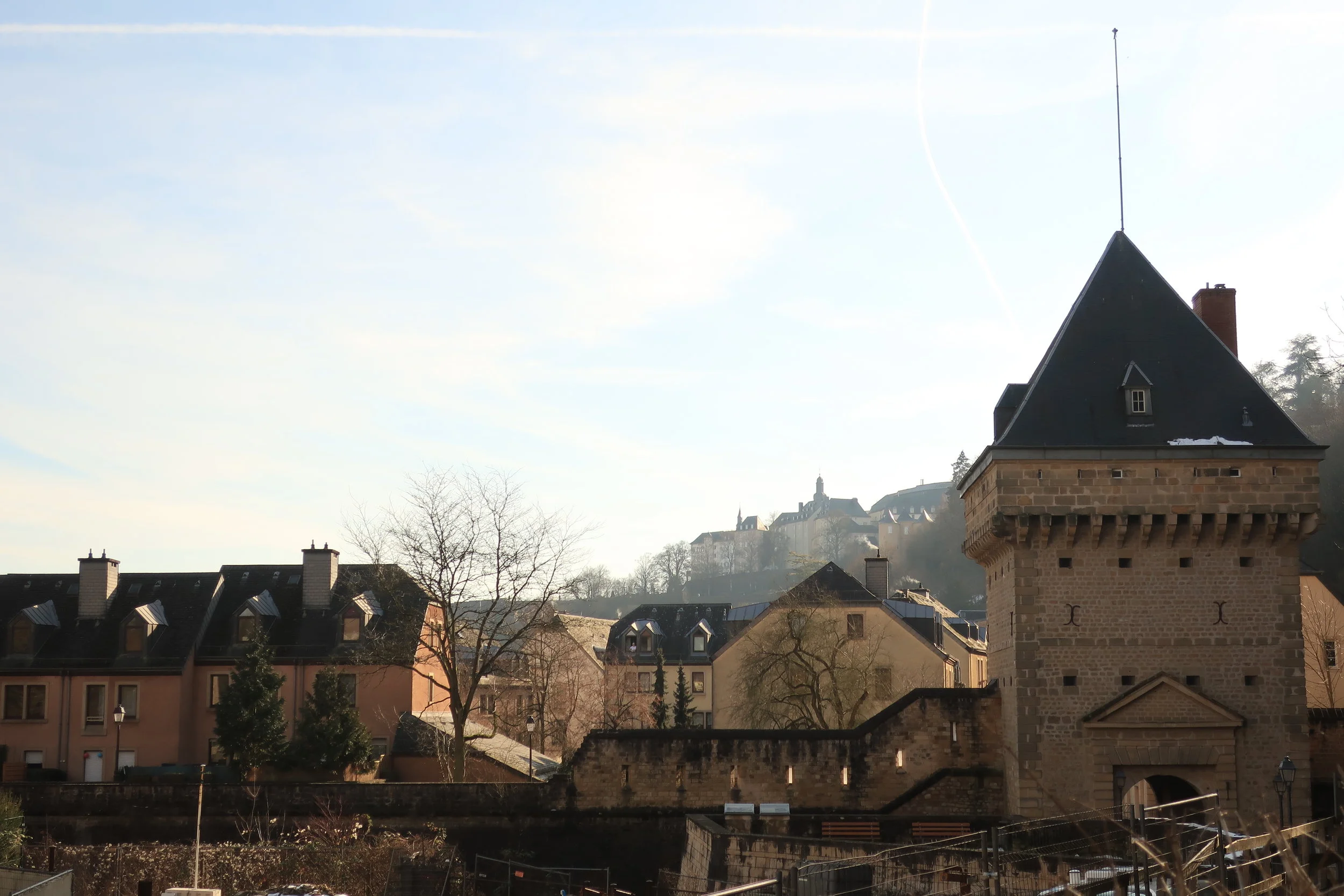  Luxembourg--Winter 2019--View from Pfaffenthal toward city (Holy Ghost Plateau) with Roman bridge in front 