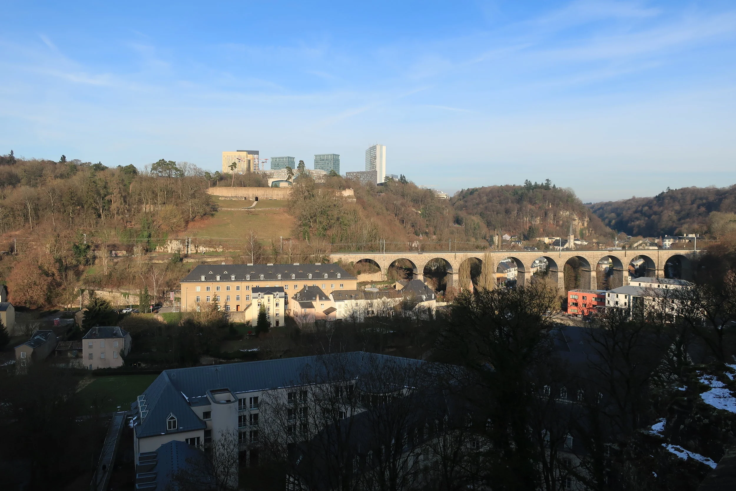  Luxembourg--Winter 2019--Pfaffenthal Rail Bridge with Kirchberg in back 
