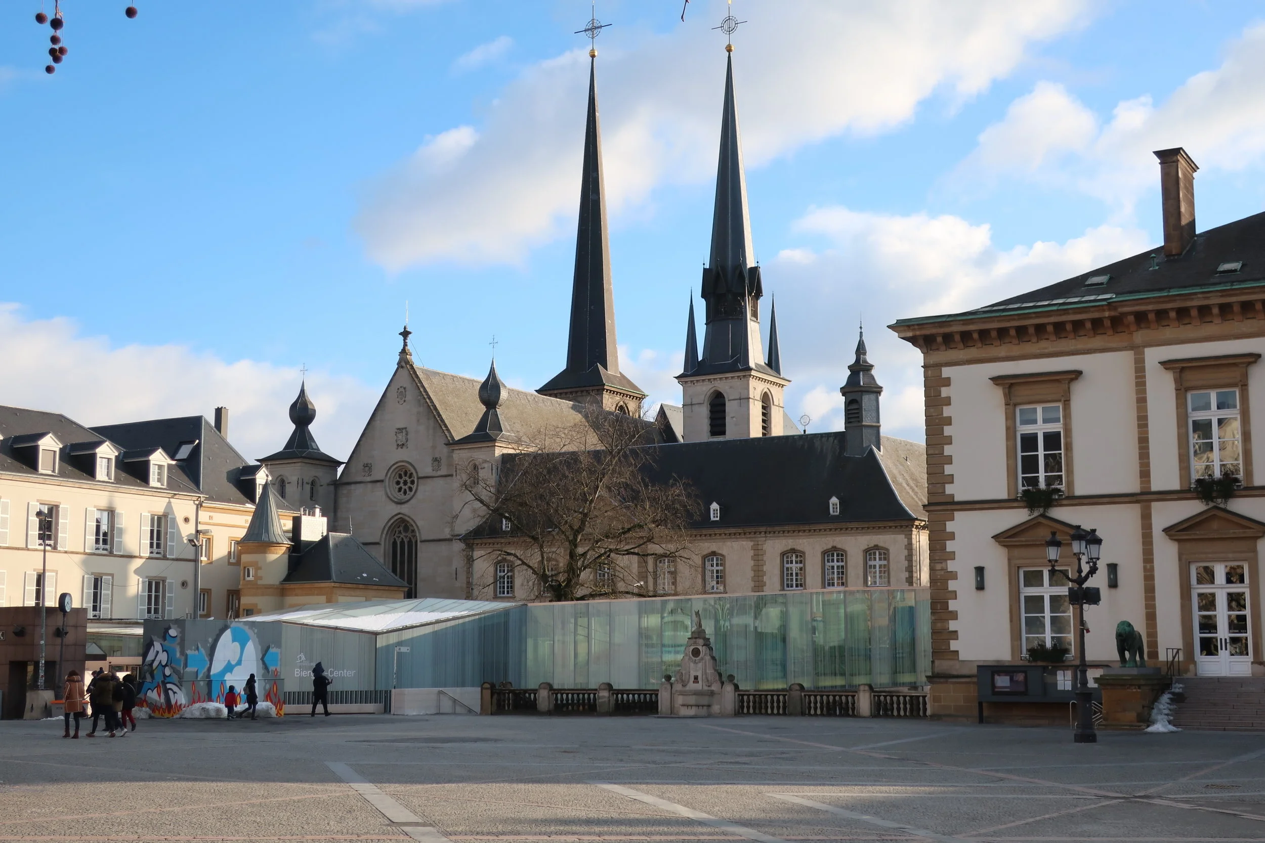  Luxembourg--Winter 2019--The Plaza Guilliame II with the city hall on the right and Notre Dame in back 