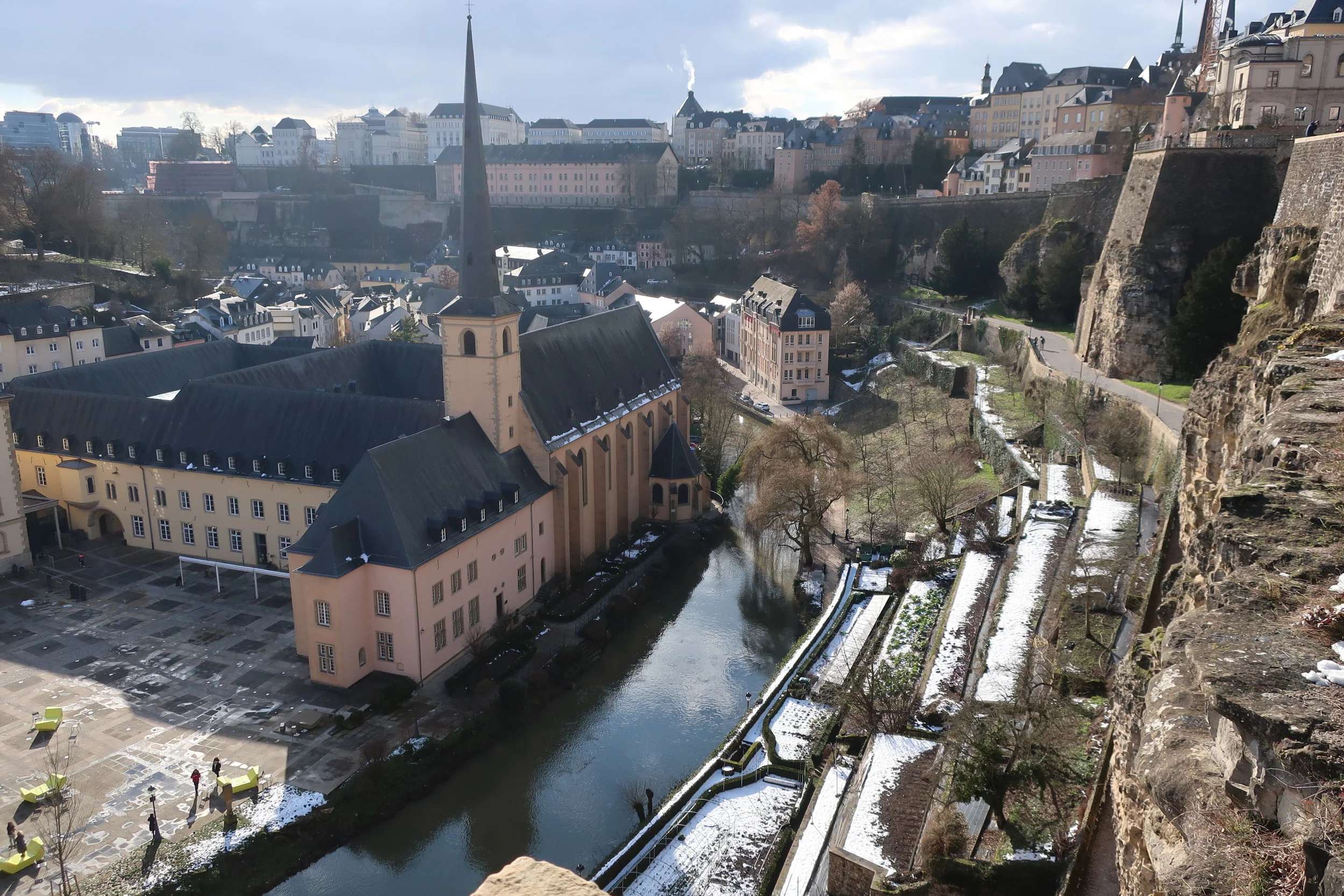  Luxembourg--Winter 2019--The Grund with the St. Jean Paul church and Alzette River, and the Corniche 