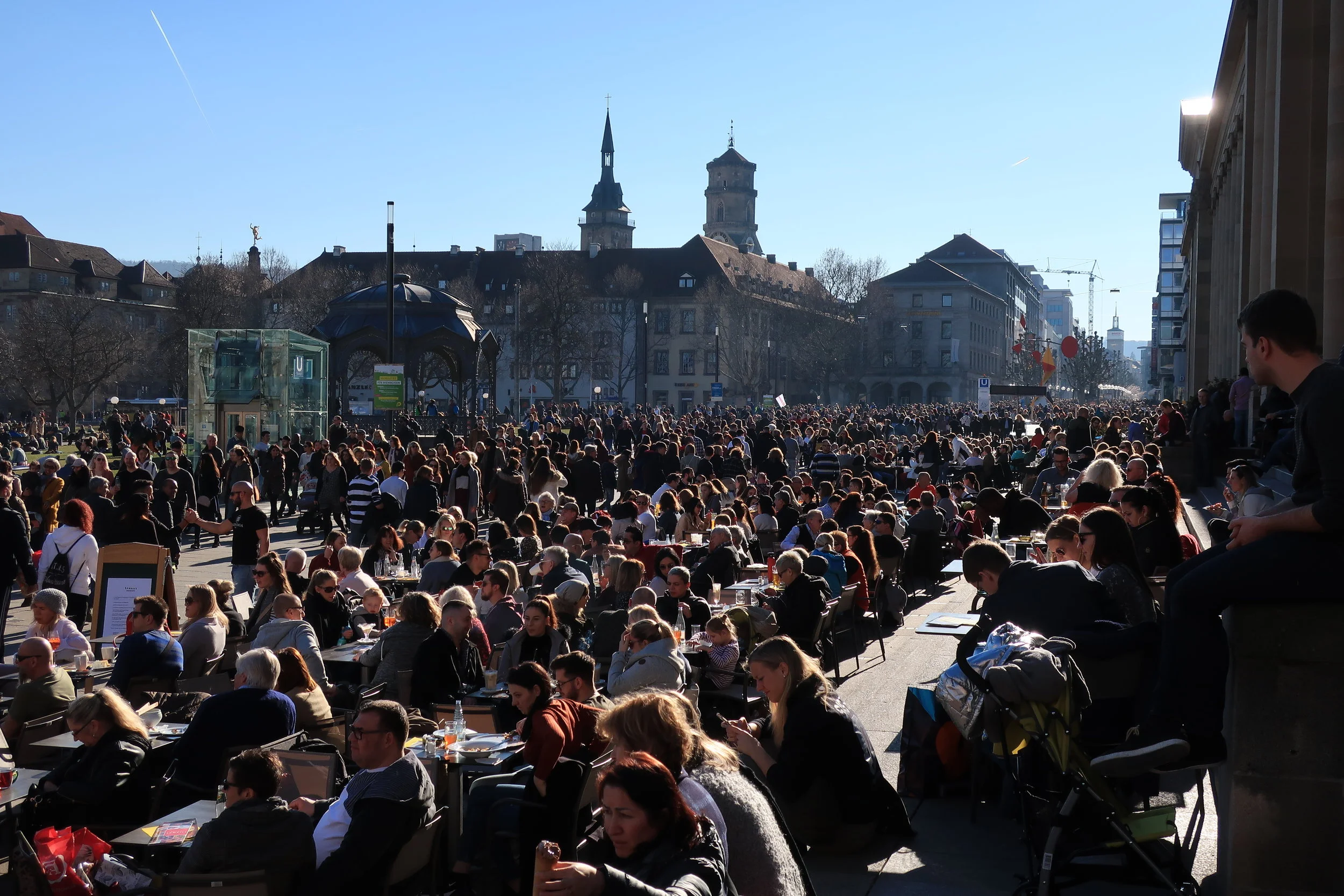  Stuttgart--Winter 2019--Konigstrasse, the main, mile long, shopping street on a nice day in February on the Schlossplatz 