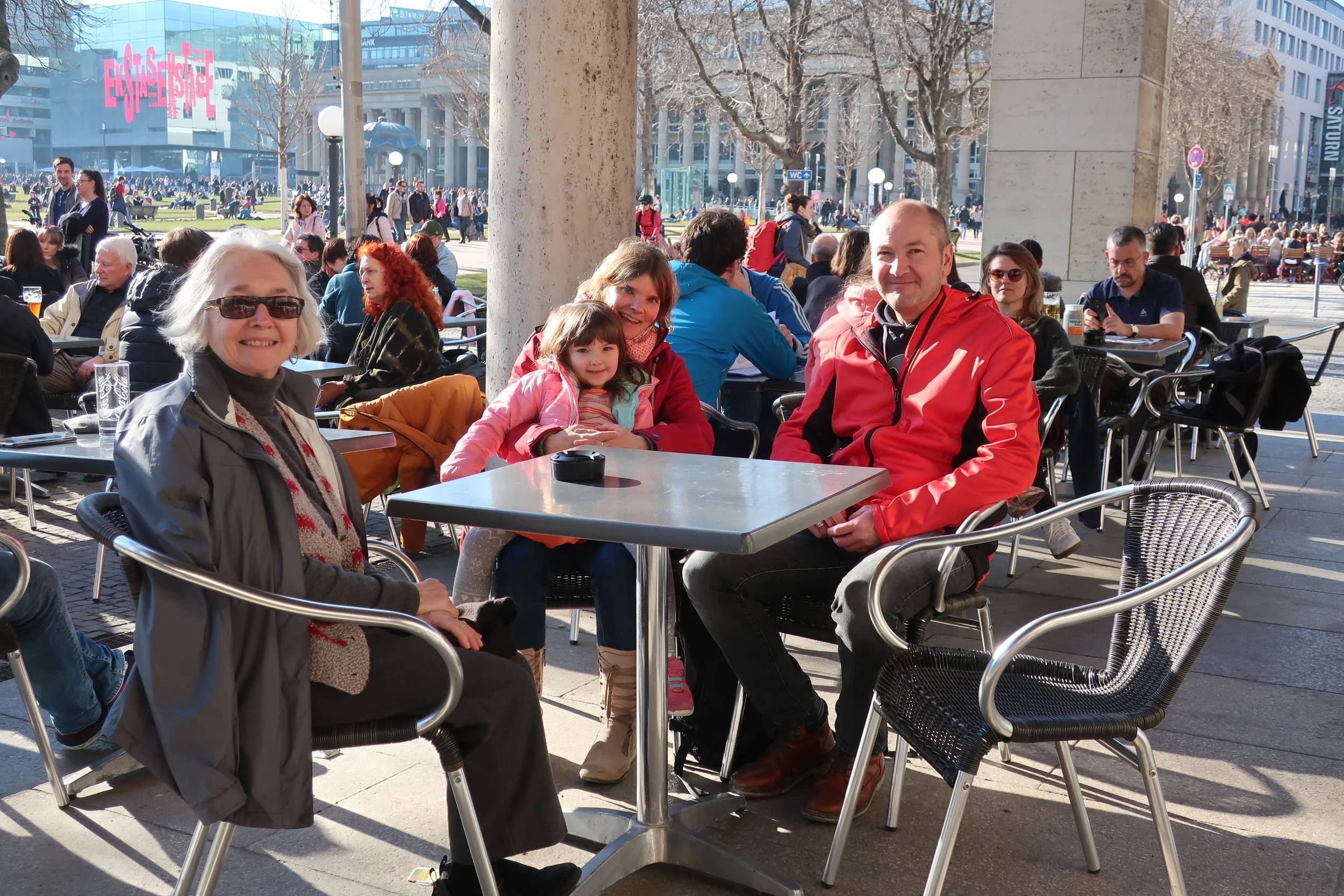  Stuttgart--Winter 2019--Coffee at the Kunst Gebaude on Schlossplatz--Carrol Benner Kindel, Lana and Tina Stengele and Robert Veit 