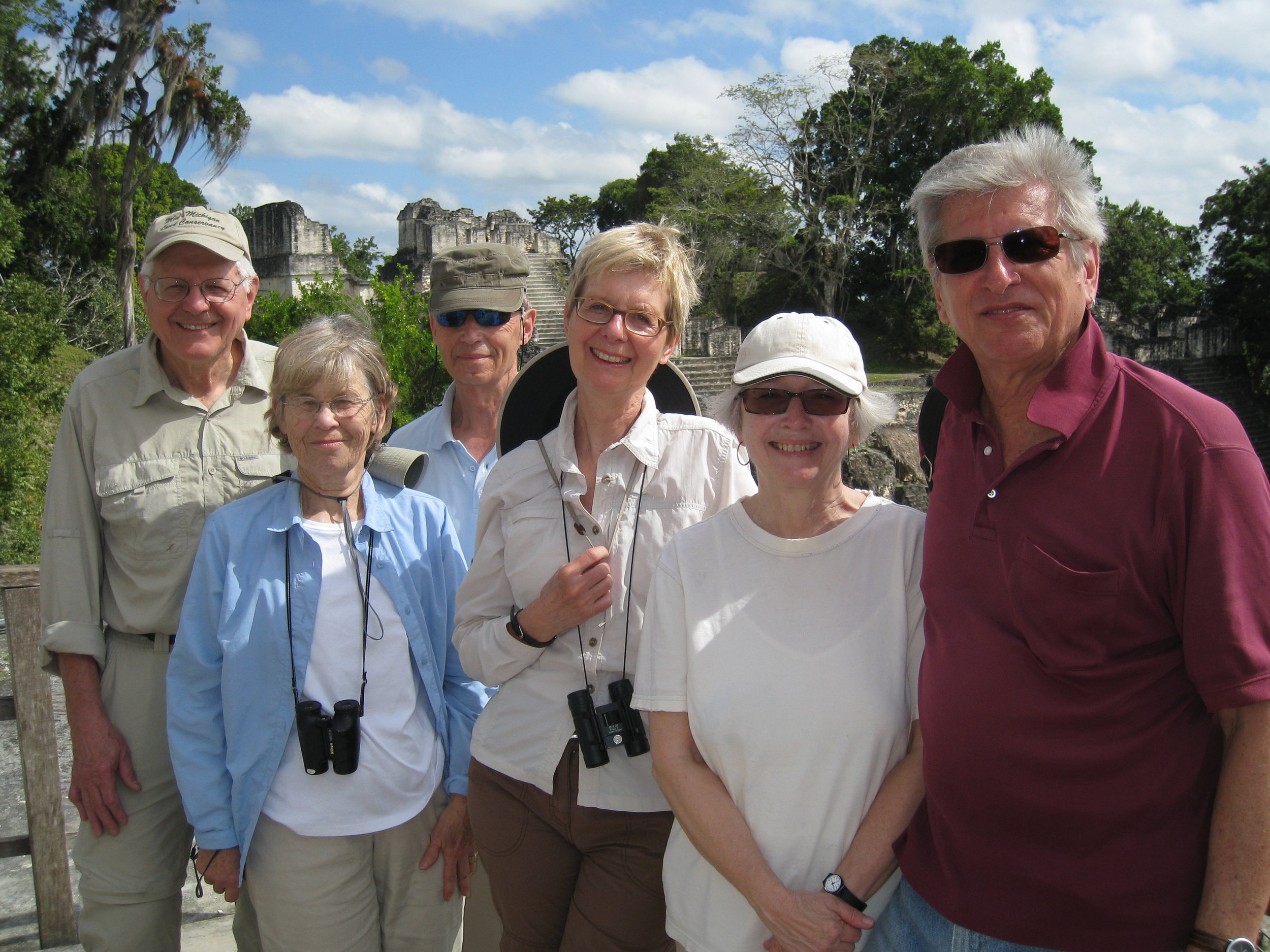  Tikal--Paul Kindel, Judy Kindel, Harald Grieser, Christin Grieser-Kindel, Carrol Benner Kindel and Karl K. Kindel on the top of Temple 2 