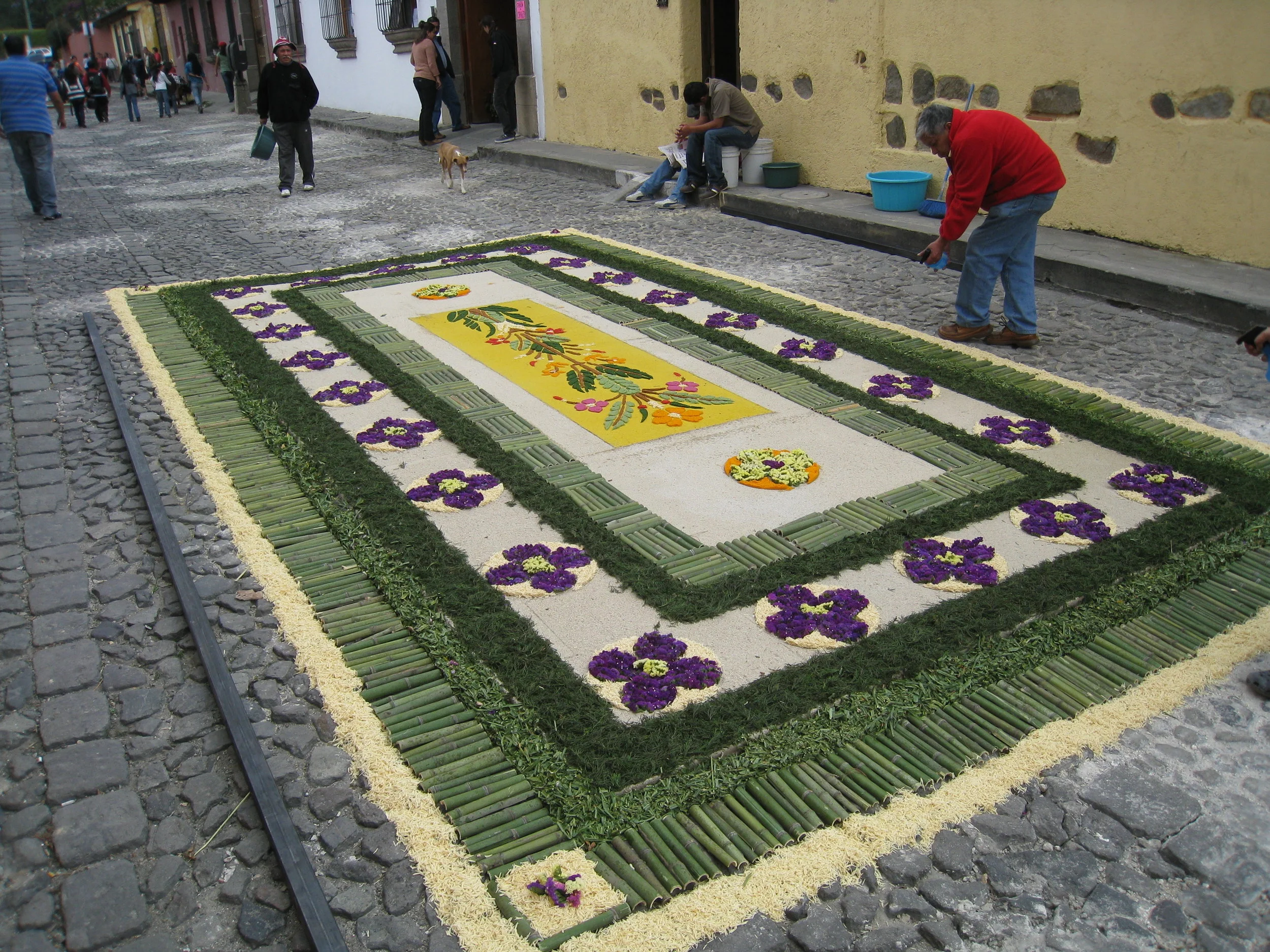  Antigua--Calle 3--Putting Alfombras (Rugs) in the street in honor of the procession. These are designed and made of colored sawdust, flowers and other plants, by the neighbors. 