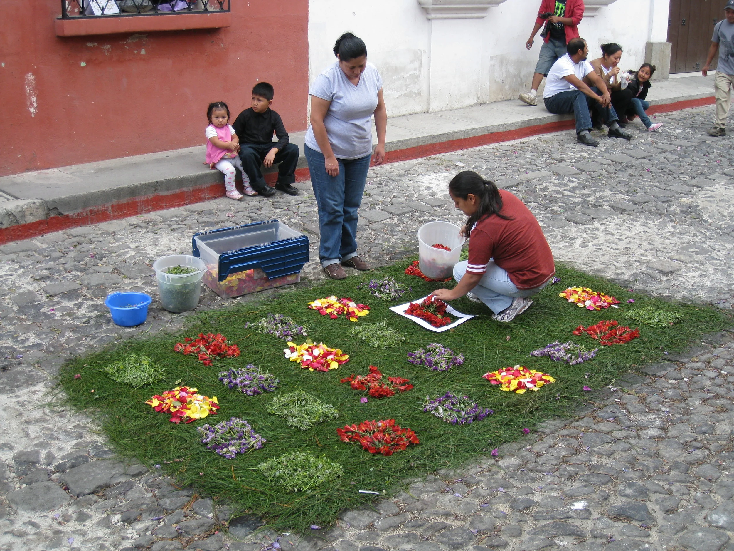  Antigua--Calle 3--Putting Alfombras (Rugs) in the street in honor of the procession. These are designed and made of colored sawdust, flowers and other plants, by the neighbors. This one is based on pine needles, a Mayan tradition 