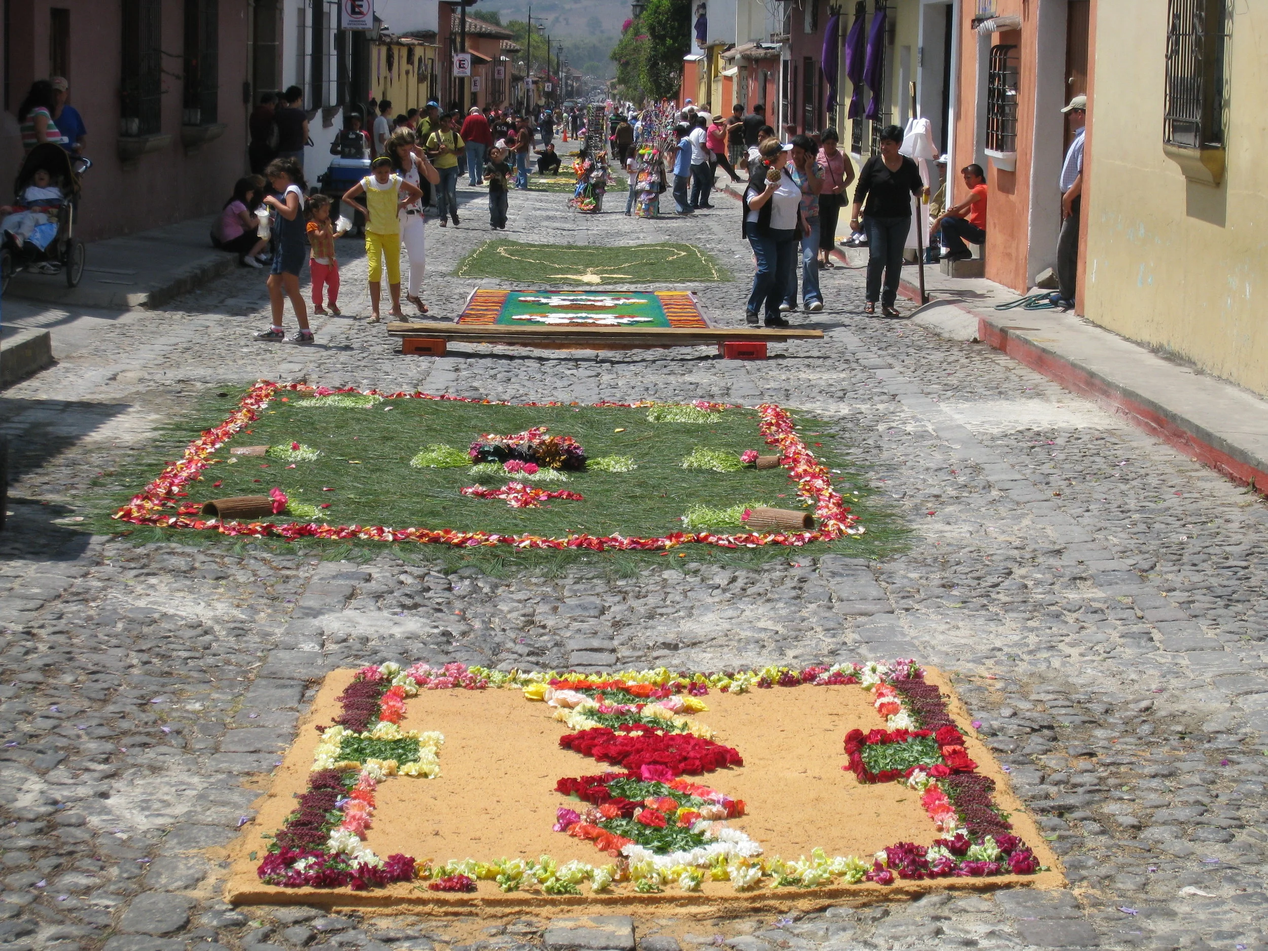  Antigua--Calle 3--Putting Alfombras (Rugs) in the street in honor of the procession. These are designed and made of colored sawdust, flowers and other plants, by the neighbors. There were about 10 different ones on the street 