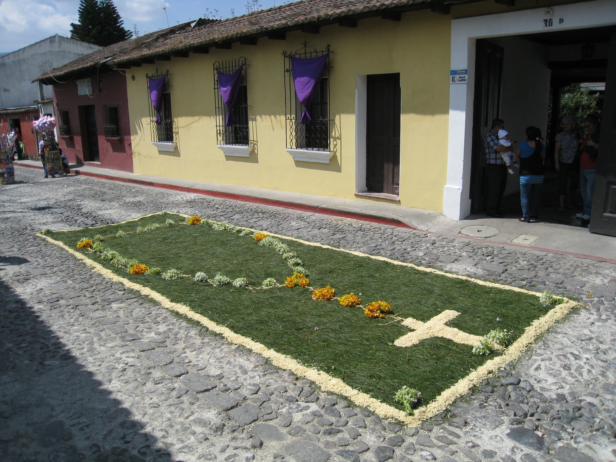  Antigua--Calle 3--Putting Alfombras (Rugs) in the street in honor of the procession. These are designed and made of colored sawdust, flowers and other plants, by the neighbors. This one is based on pine needles, a Mayan tradition 