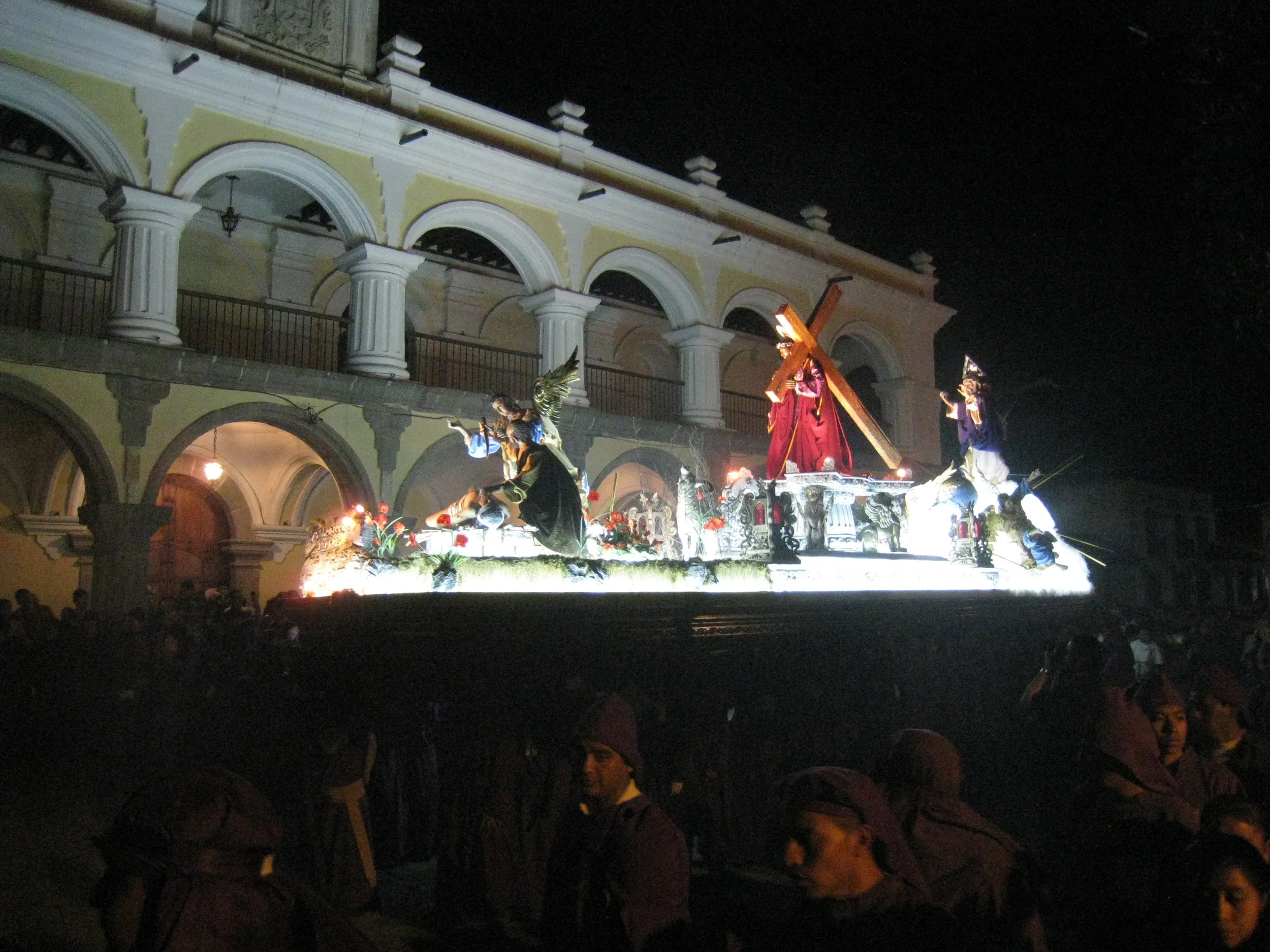  Antigua--Lent (Cuaresima)--Men carrying float showing Abraham killing son Issac and Jesus with the cross, in the main plaza 