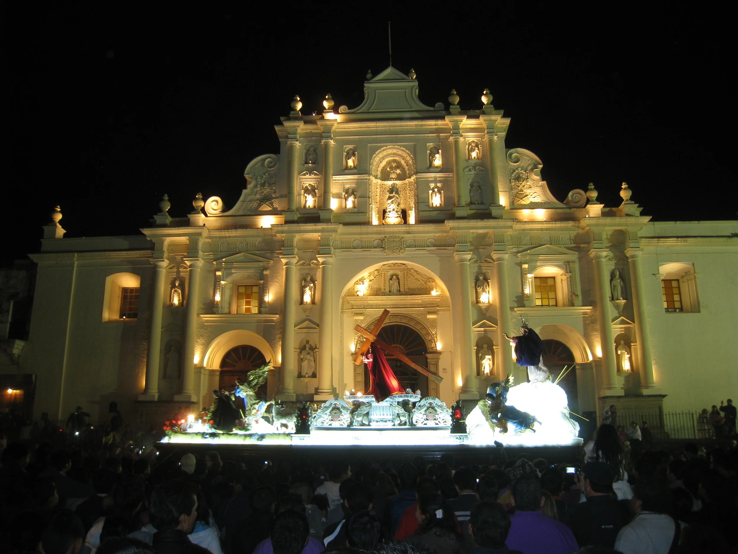  Antigua--Lent (Cuaresima)--Men carrying float showing Abraham killing son Issac and Jesus with the cross, in front of the Cathedral 
