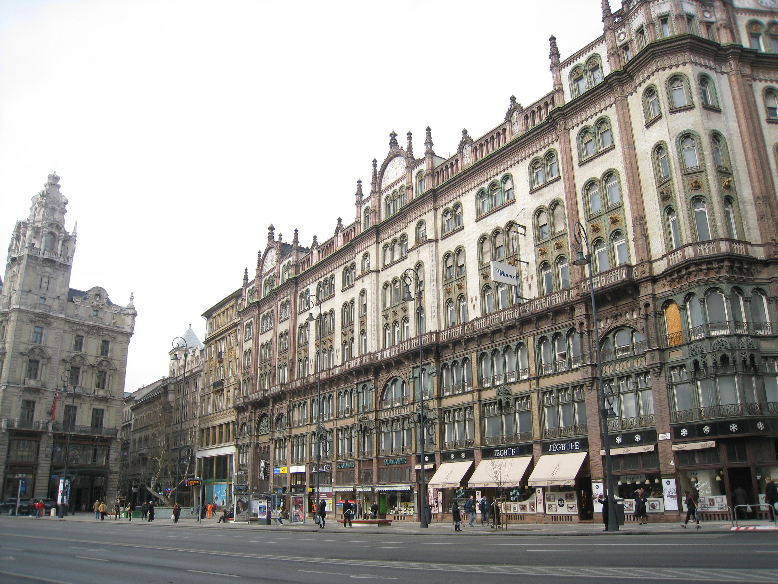  Budapest--Street Scene near Elisabeth Bridge--Note heads looking out between windows. 