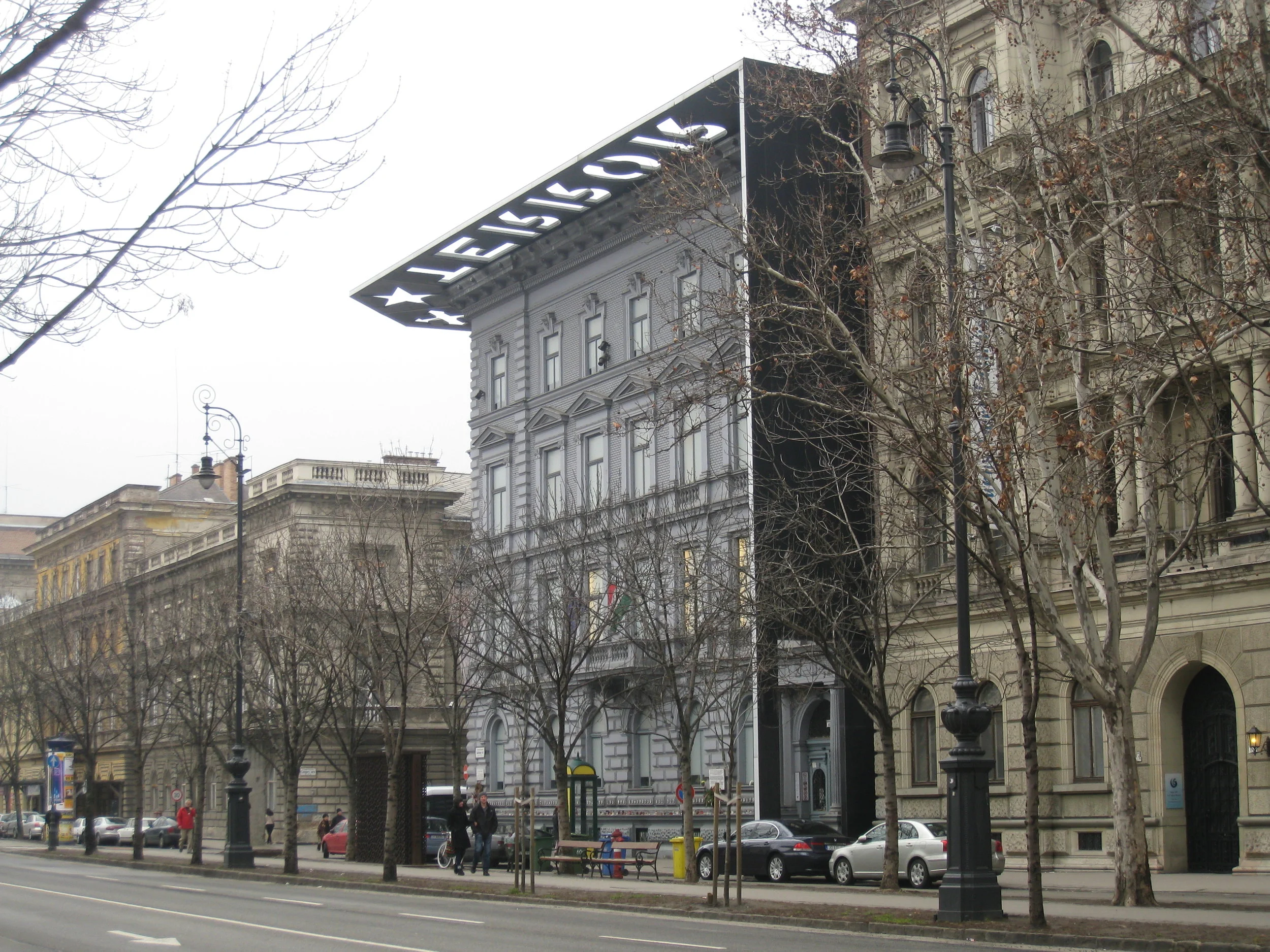  Budapest--Street Scene--Andrassy Ave.--Stasi (Terror) Museum--Note Roof writing 