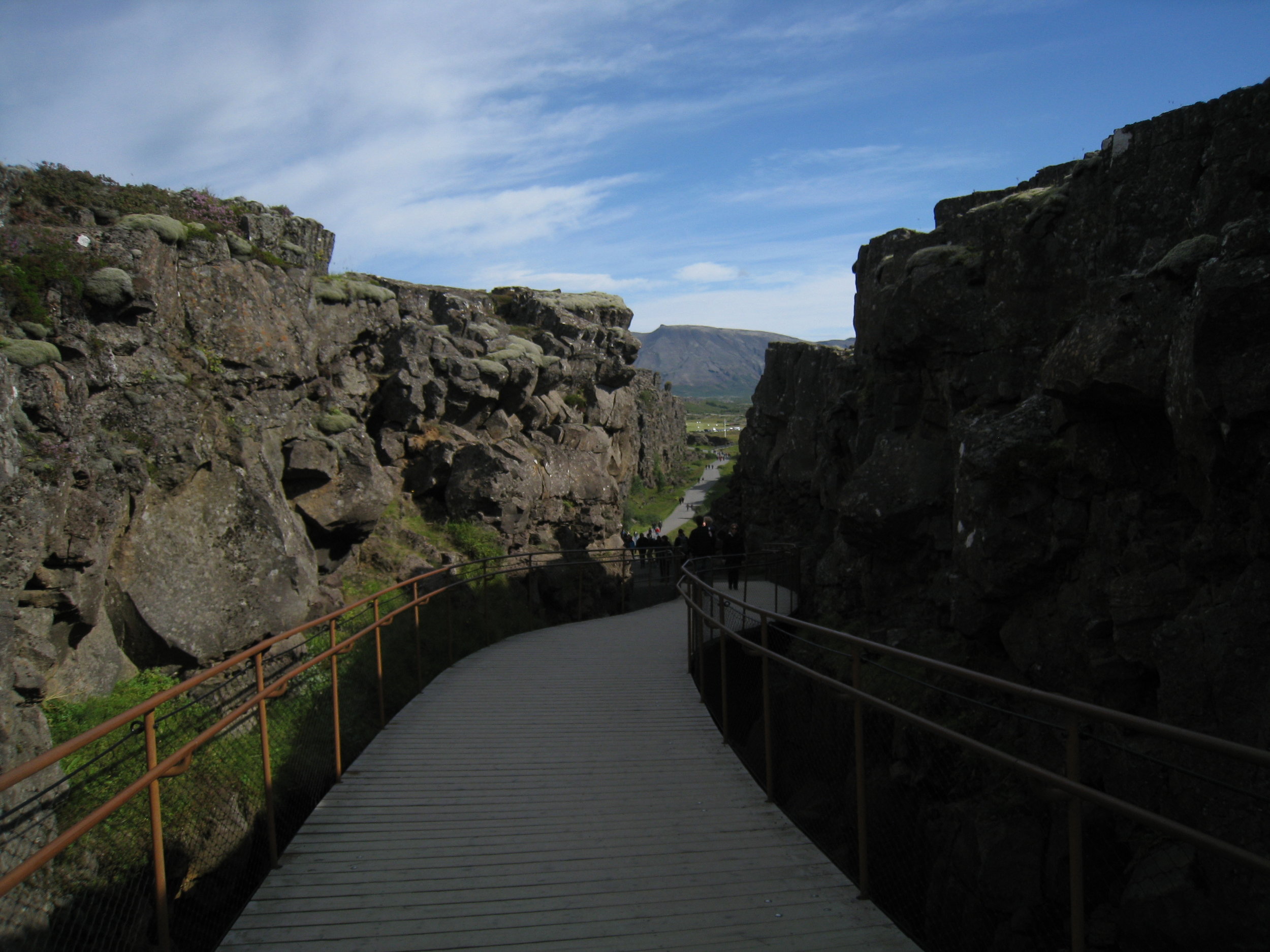  In Thingvellir National Park--The continental rift or mid-Atlantic Ridge where the American and Eurasian tectonic plates are slowly separating (1/8 inch per year)--site of the first Icelandic general assembly (in 930 AD) 