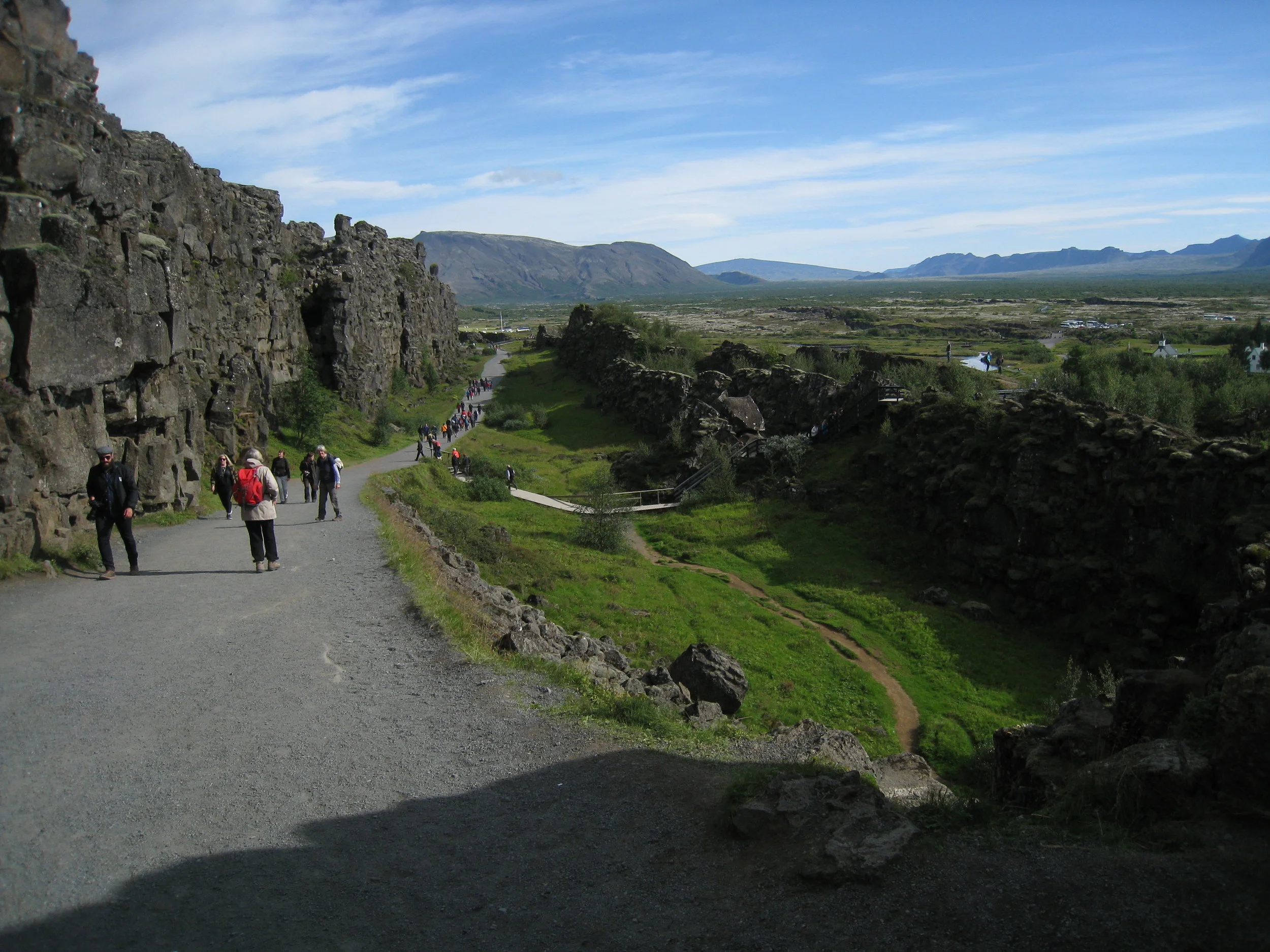 In Thingvellir National Park--The continental rift or mid-Atlantic Ridge where the American and Eurasian tectonic plates are slowly separating (1/8 inch per year)--site of the first Icelandic general assembly (in 930 AD) 