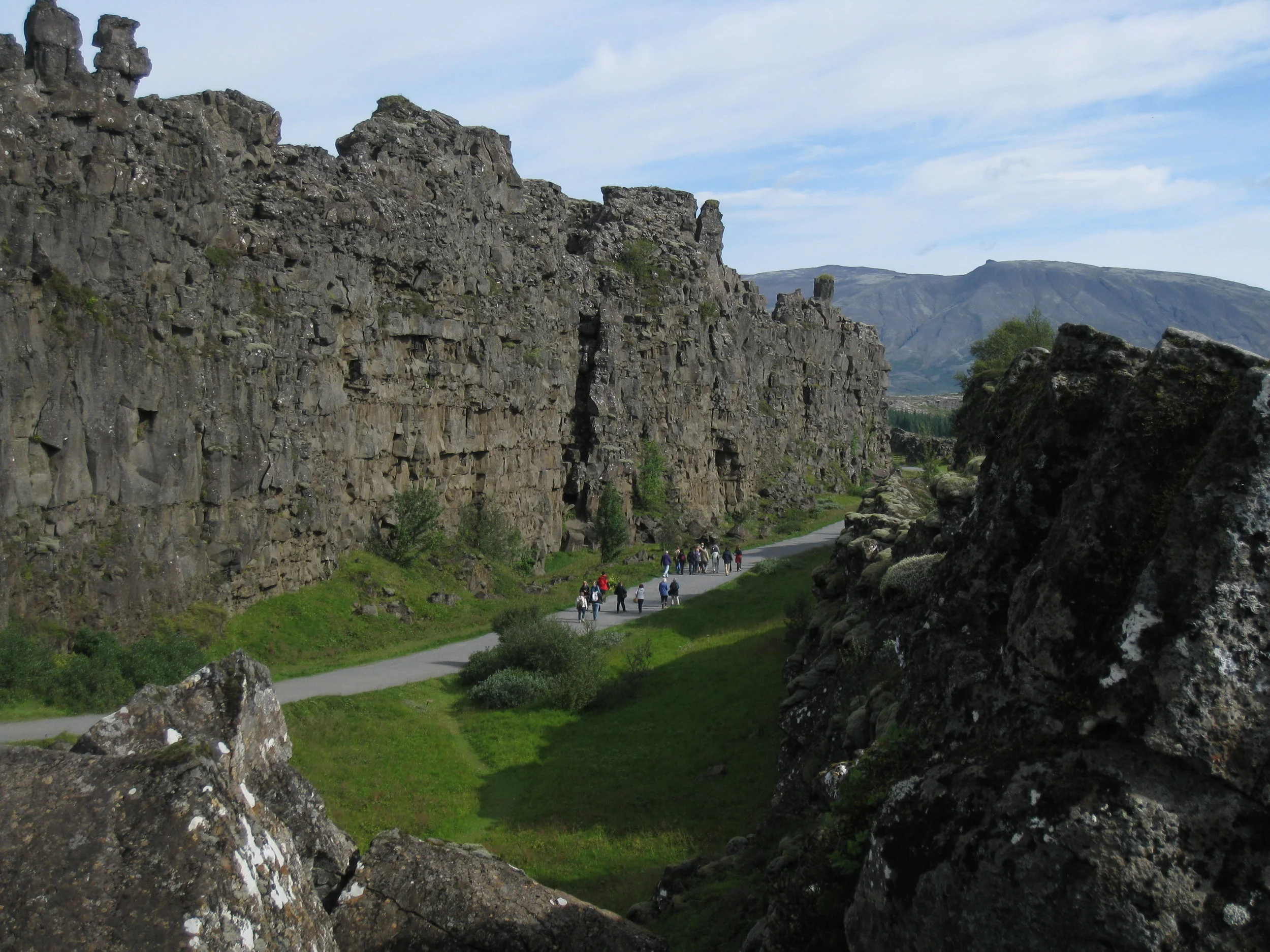  In Thingvellir National Park--The continental rift or mid-Atlantic Ridge where the American and Eurasian tectonic plates are slowly separating (1/8 inch per year)--site of the first Icelandic general assembly (in 930 AD) 