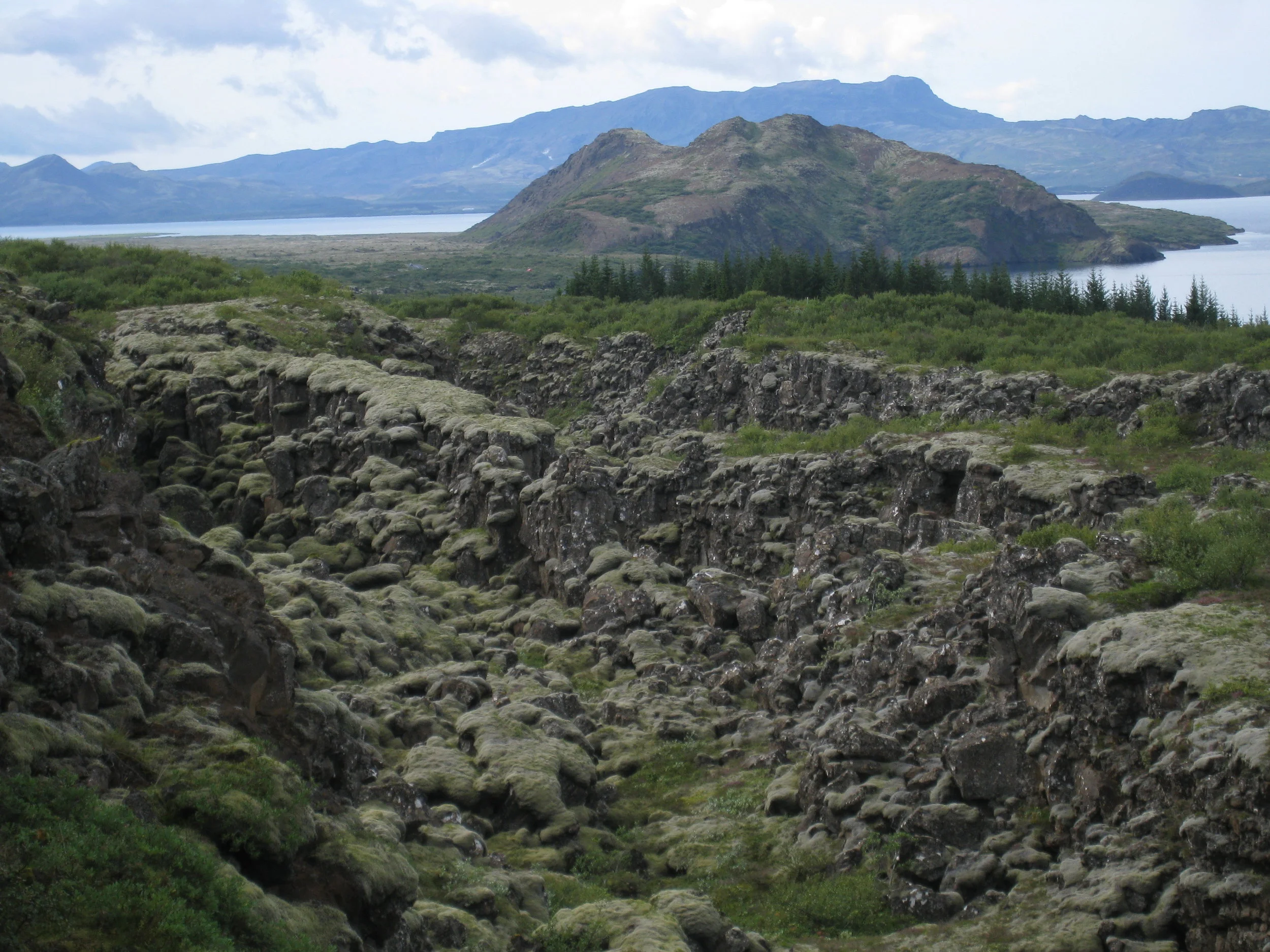  In Thingvellir National Park--Just north of the continental rift or mid-Atlantic Ridge where the American and Eurasian tectonic plates are slowly separating (1/8 inch per year)--site of the first Icelandic general assembly (in 930 AD) 