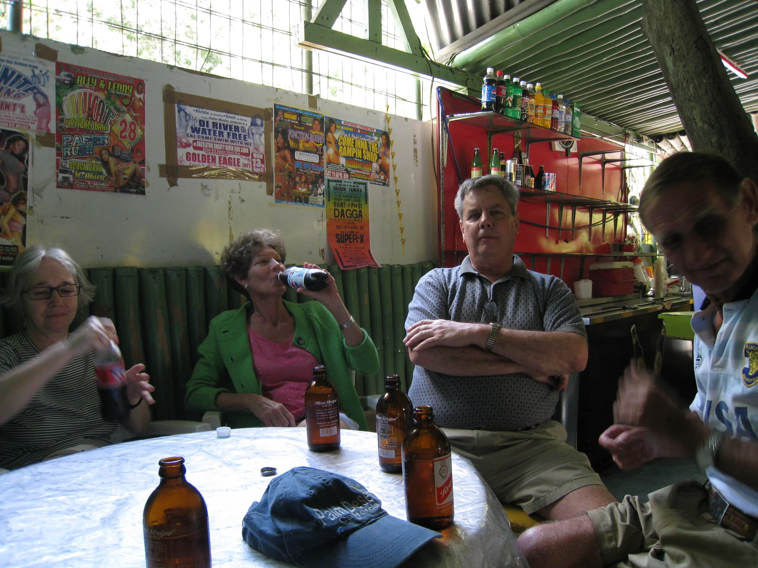  Halfway to Port Antonio--Beer and Jerk stop--Carrol Benner Kindel, Debbie Schrieber, Roger King and Paul Cullingford 