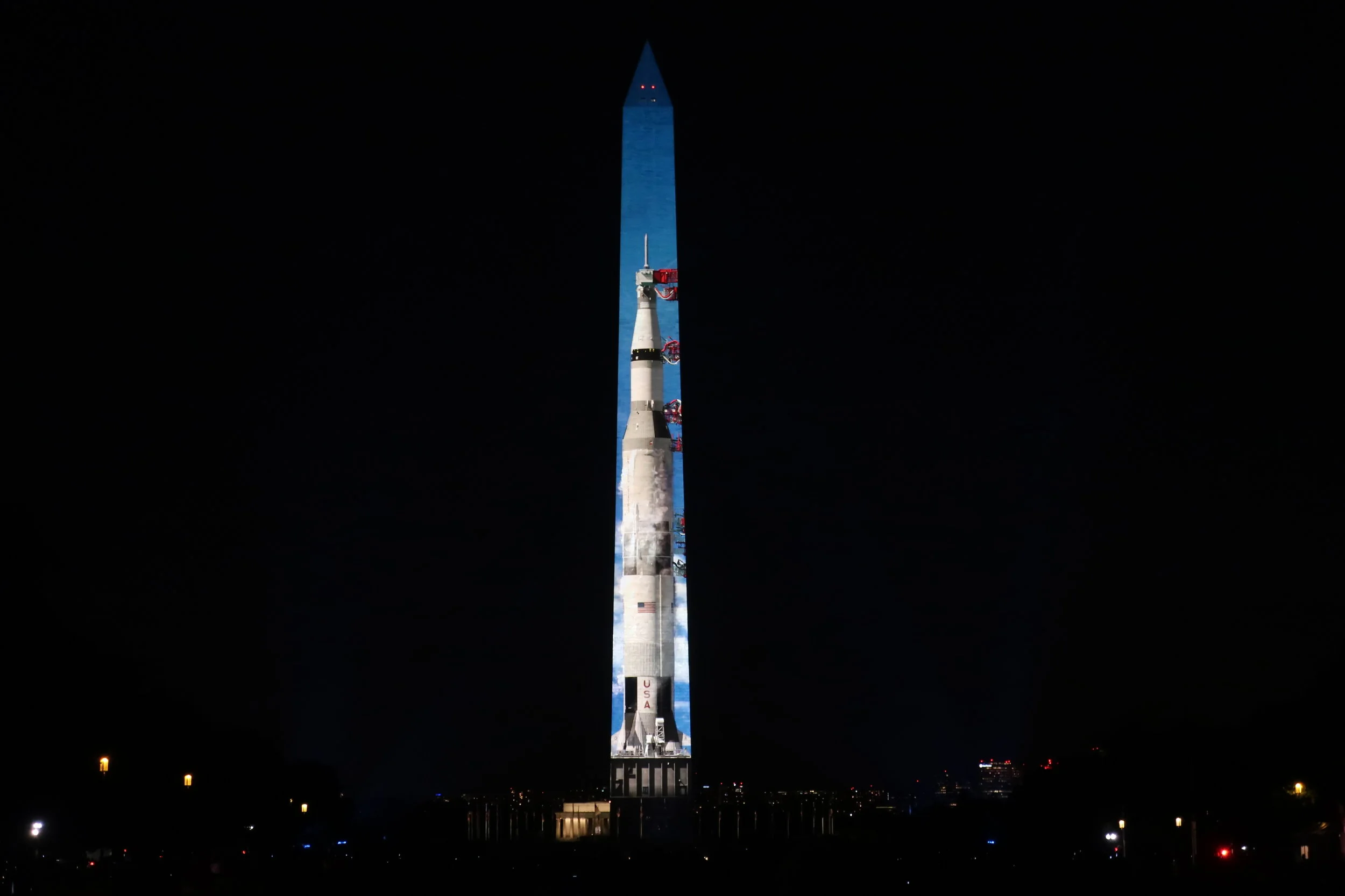  DC 2019--July--Washington Monument--Celebration of Apollo 11 Fiftieth Anniversary--Saturn Rocket in place ready for blast-off 