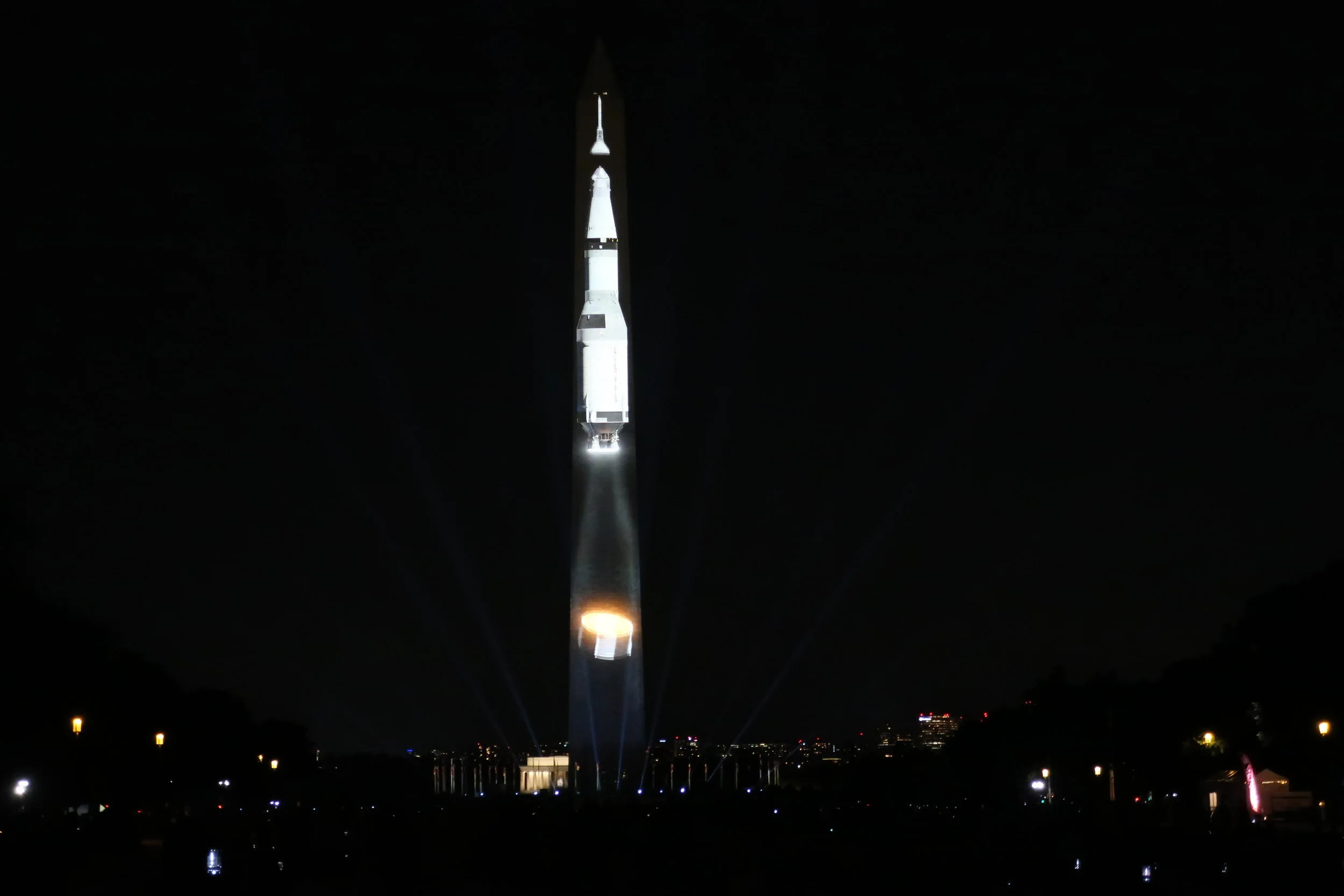  DC 2019--July--Washington Monument--Celebration of Apollo 11 Fiftieth Anniversary--Saturn Rocket--First Stage released 