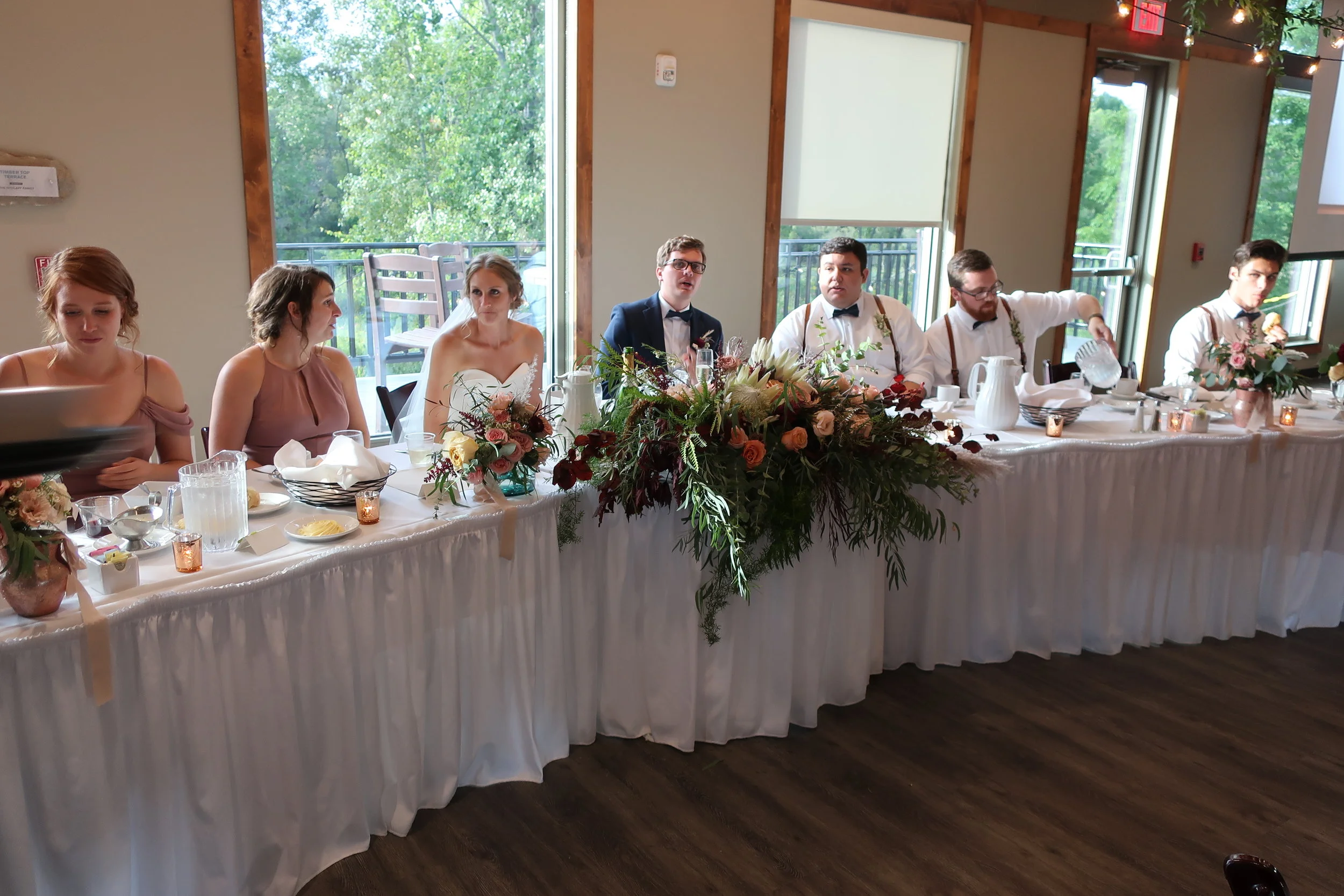  Appleton, Wis.--Sept. 1, 2019--Andropolis-Coakley Wedding--Bubolz Nature Preserve--The Bridal party table--Zoe Hurley, Madison Andropolis, Kenzie and Alex, Phillip Conor, Jacob Fogarty and Harrison Andropolis 