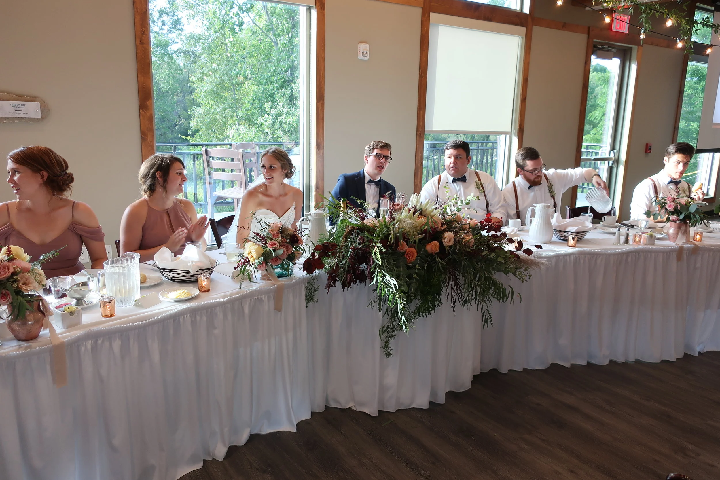  Appleton, Wis.--Sept. 1, 2019--Andropolis-Coakley Wedding--Bubolz Nature Preserve--The Bridal party table--Zoe Hurley, Madison Andropolis, Kenzie and Alex, Phillip Conor, Jacob Fogarty and Harrison Andropolis 