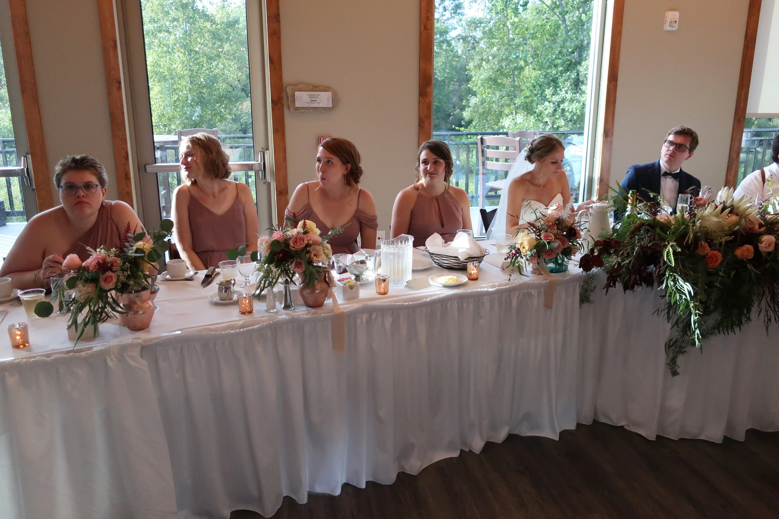 Appleton, Wis.--Sept. 1, 2019--Andropolis-Coakley Wedding--Bubolz Nature Preserve--The Bridal party table--Christiana Coakley, Mariah Allen, Zoe Hurley, Madison Andropolis, Kenzie and Alex 
